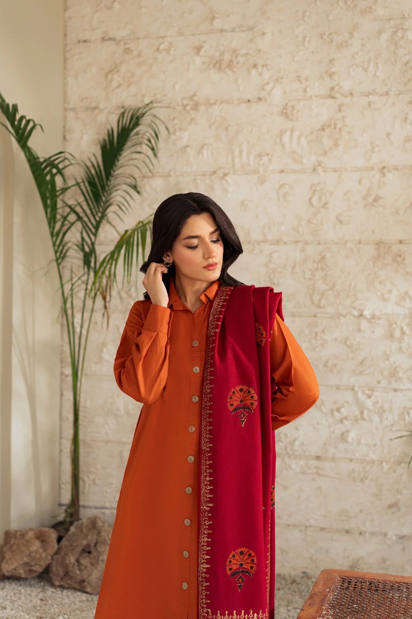 Amber Rust Button-Down Kurta Set with Maroon Embroidered Shawl