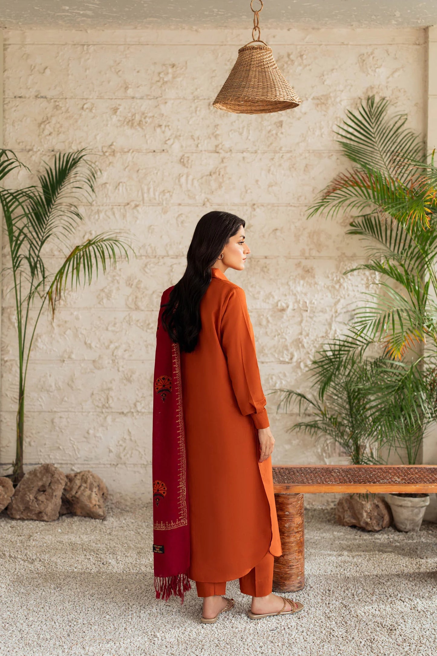 Amber Rust Button-Down Kurta Set with Maroon Embroidered Shawl