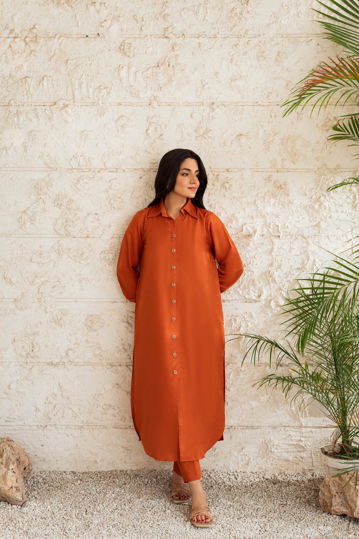 Amber Rust Button-Down Kurta Set with Maroon Embroidered Shawl