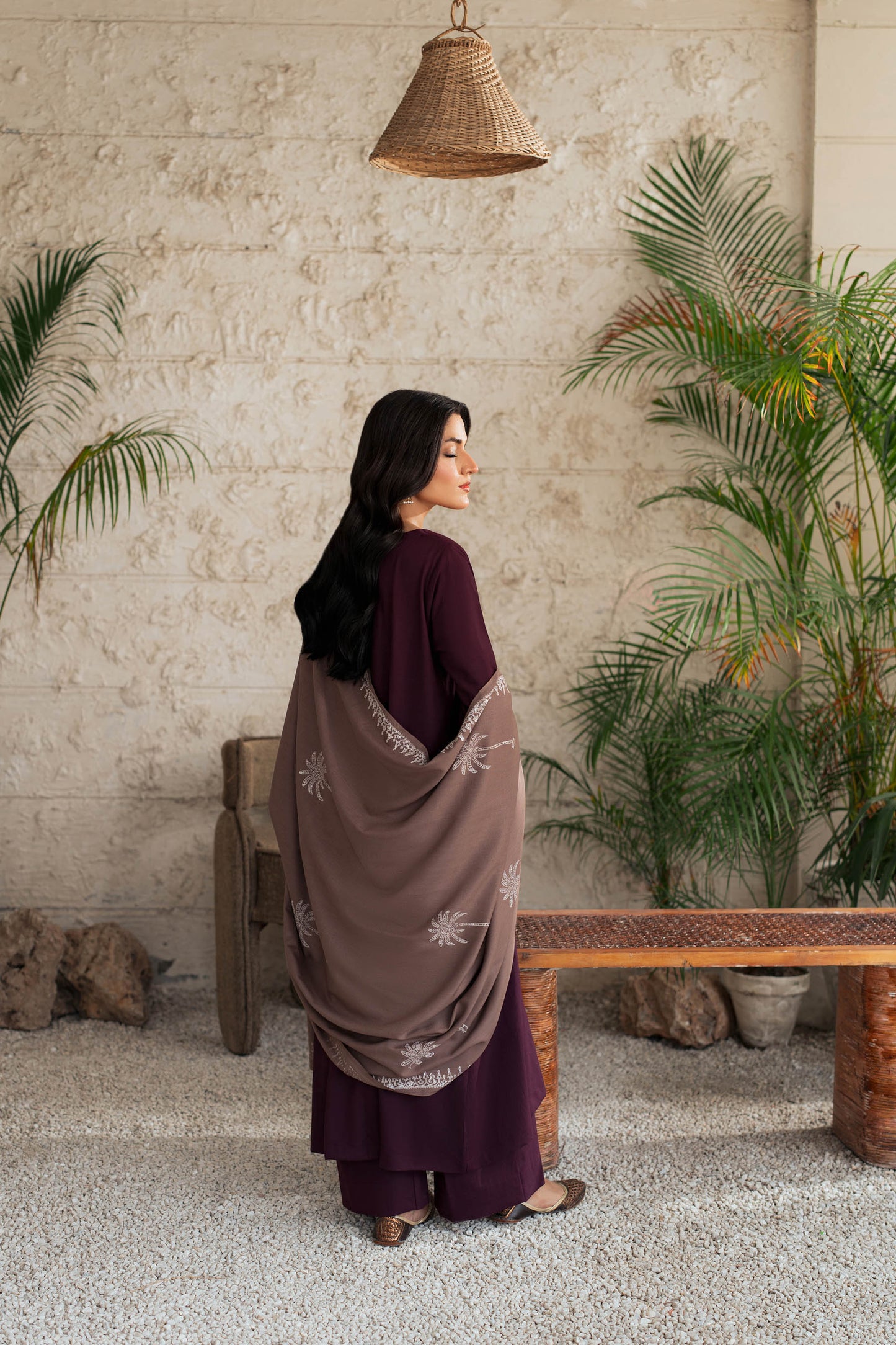 Plum Serenity Embroidered Kurta Set with Contrast Shawl