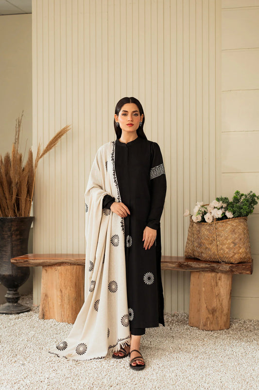 Noir Ivory Hand-Embroidered Winter Kurta Set with Shawl
