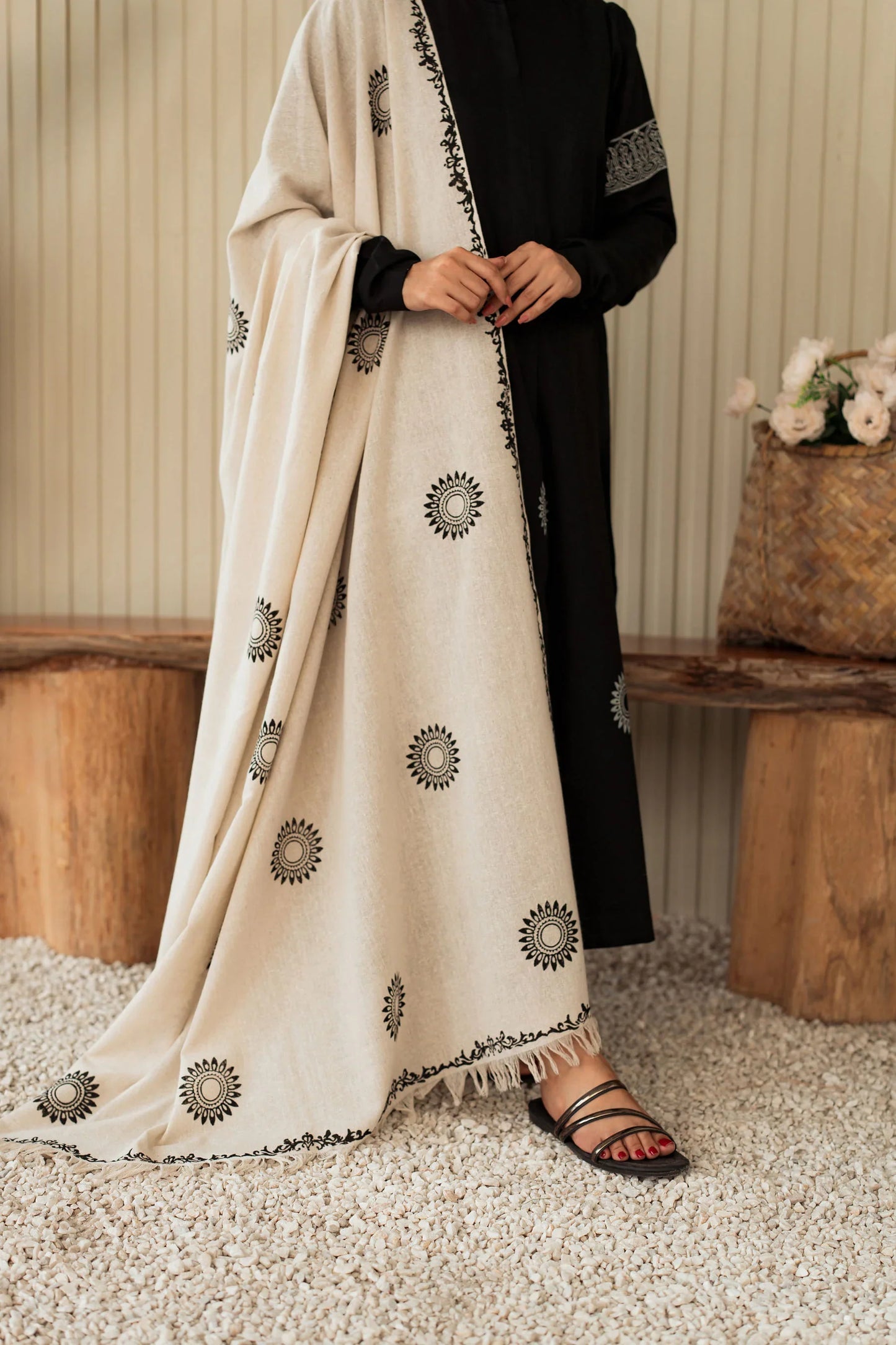 Noir Ivory Hand-Embroidered Winter Kurta Set with Shawl