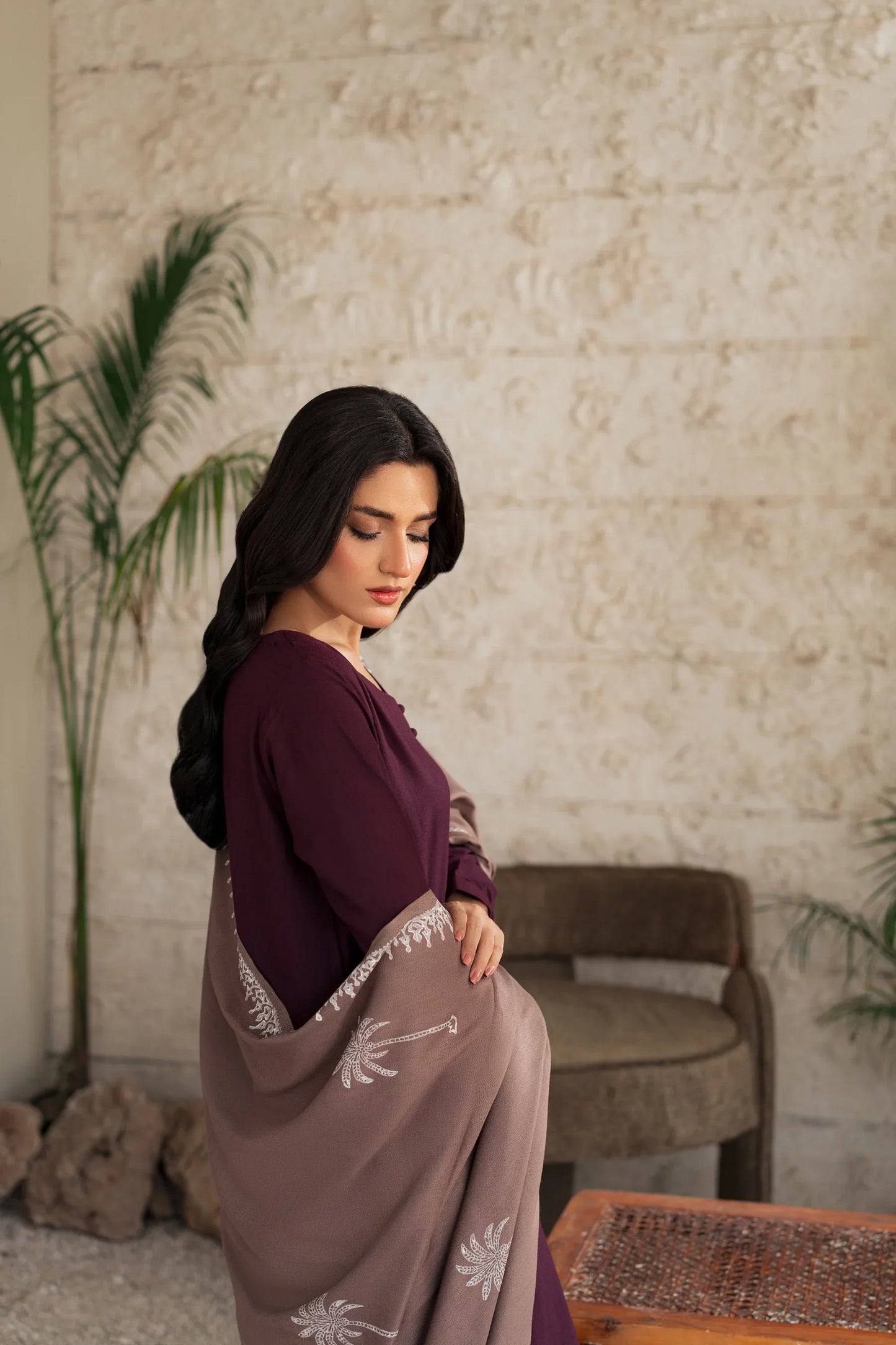 Plum Serenity Embroidered Kurta Set with Contrast Shawl