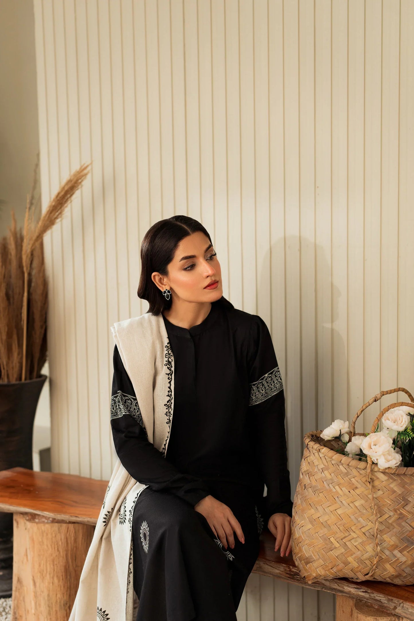 Noir Ivory Hand-Embroidered Winter Kurta Set with Shawl