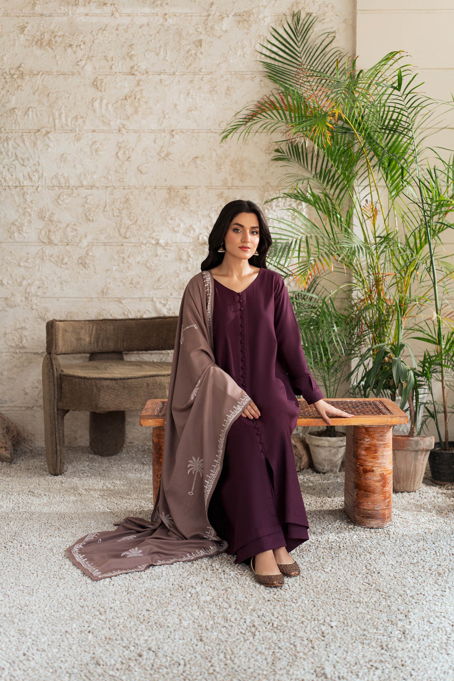 Plum Serenity Embroidered Kurta Set with Contrast Shawl