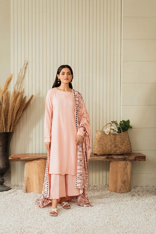 Blush Whisper Cotton Kurta Set with Printed Shawl