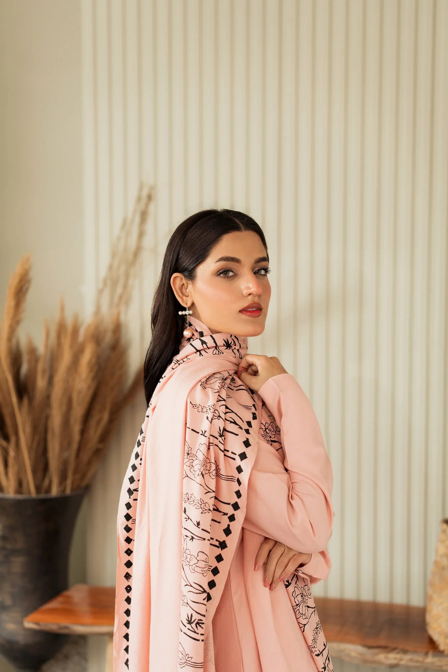 Blush Whisper Cotton Kurta Set with Printed Shawl