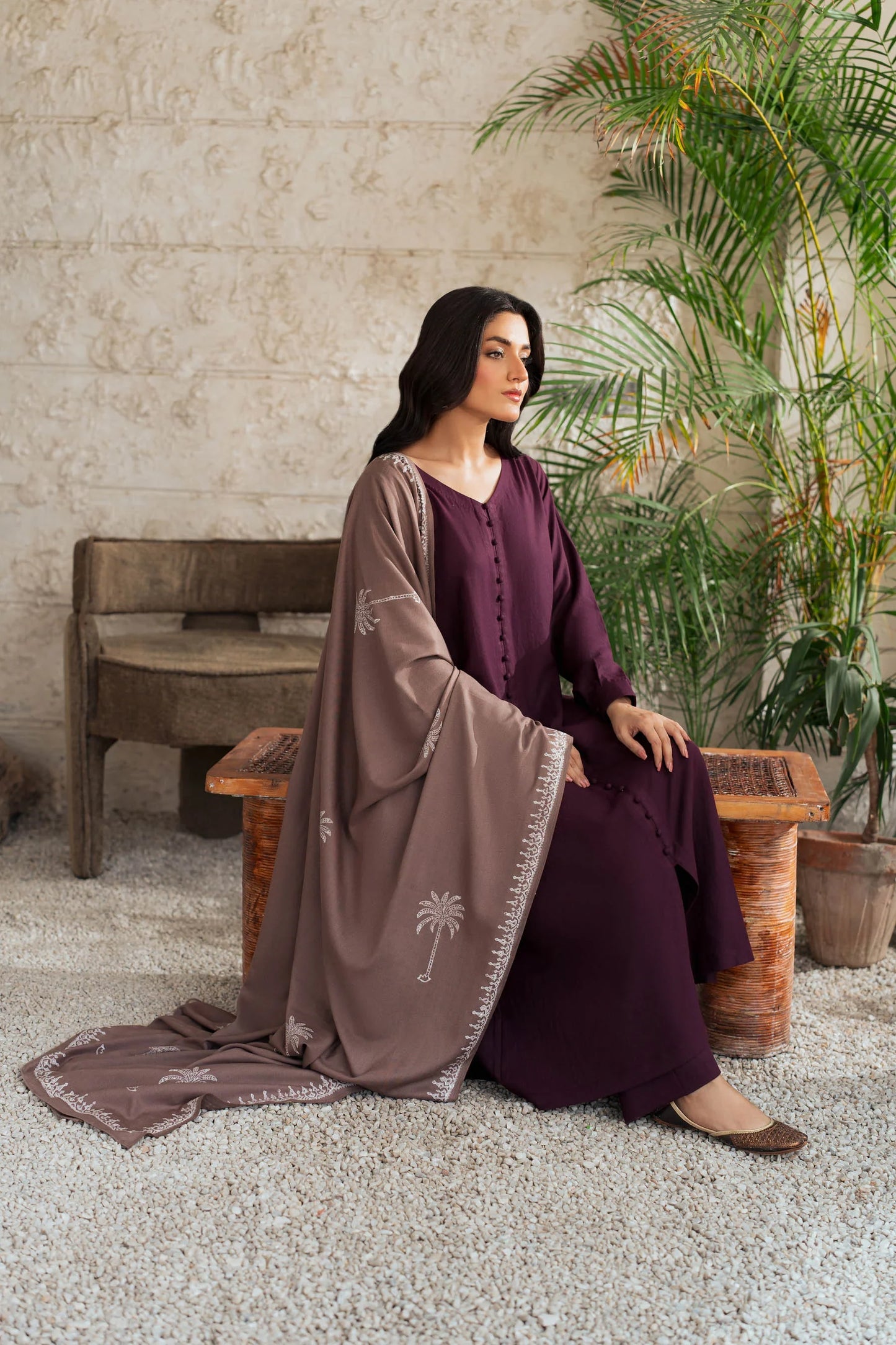Plum Serenity Embroidered Kurta Set with Contrast Shawl