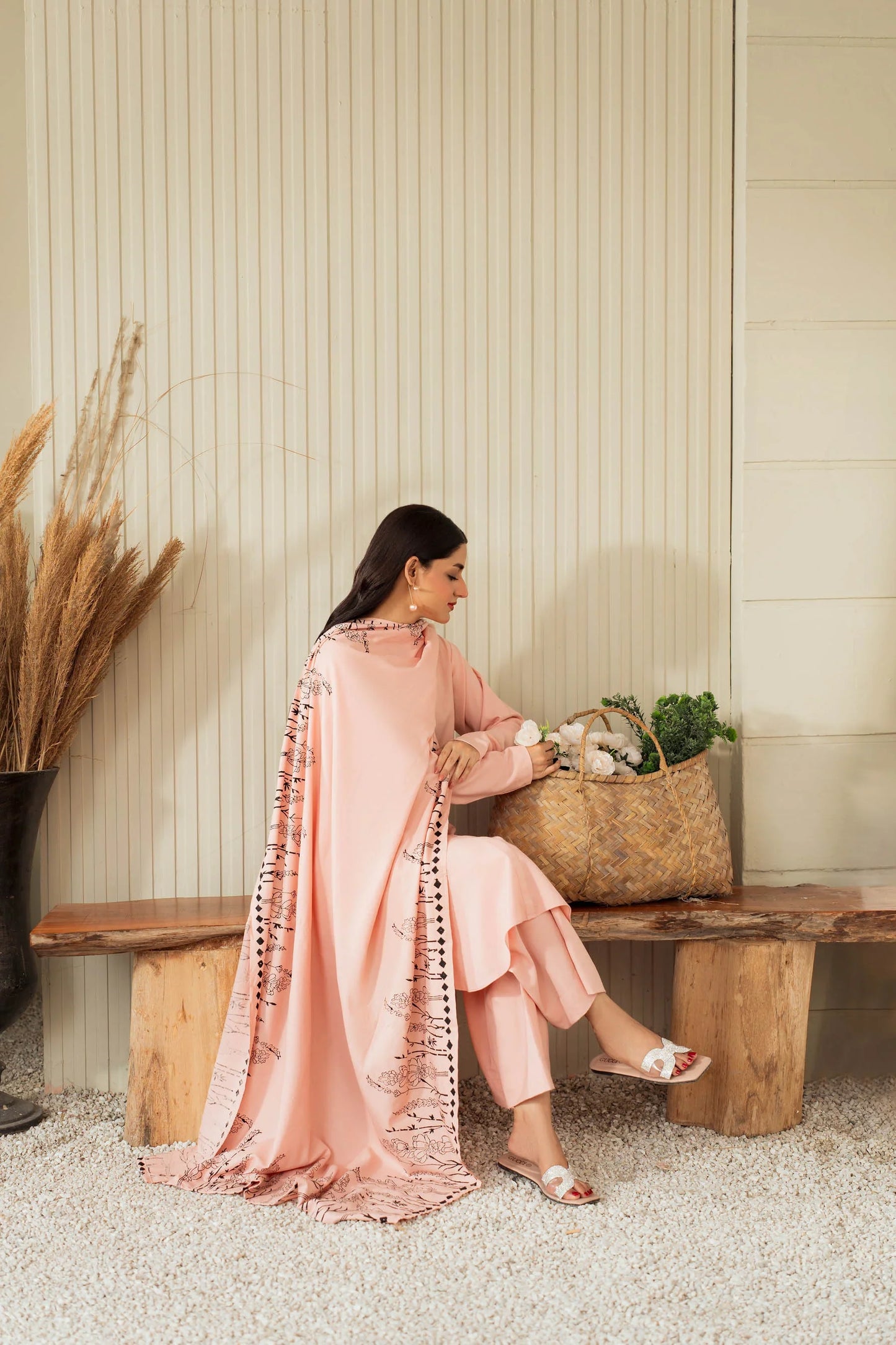 Blush Whisper Cotton Kurta Set with Printed Shawl