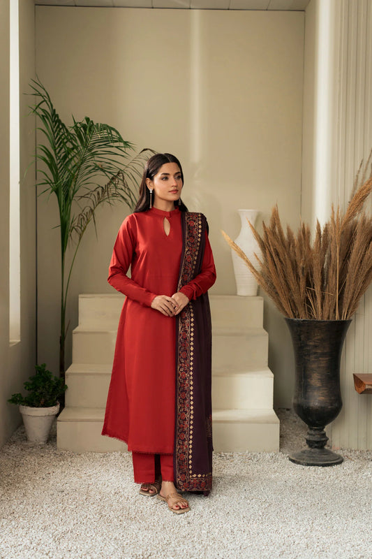 Crimson Charm Winter Kurta Set with Embroidered Shawl