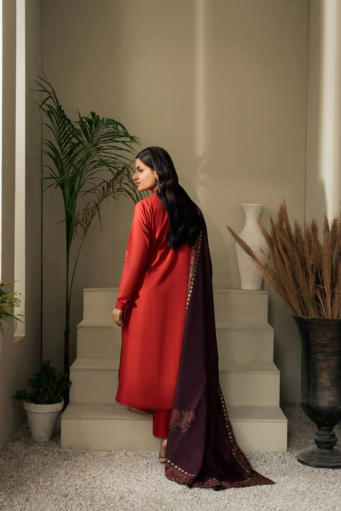 Crimson Charm Winter Kurta Set with Embroidered Shawl