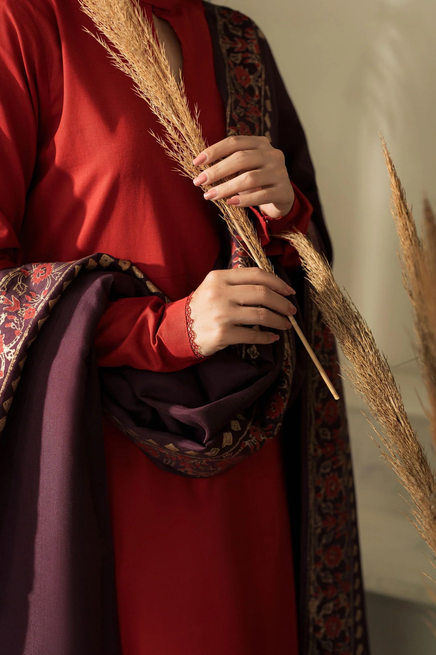 Crimson Charm Winter Kurta Set with Embroidered Shawl