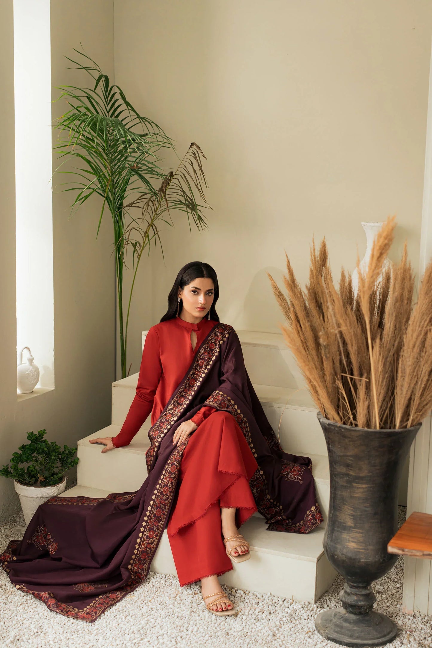 Crimson Charm Winter Kurta Set with Embroidered Shawl