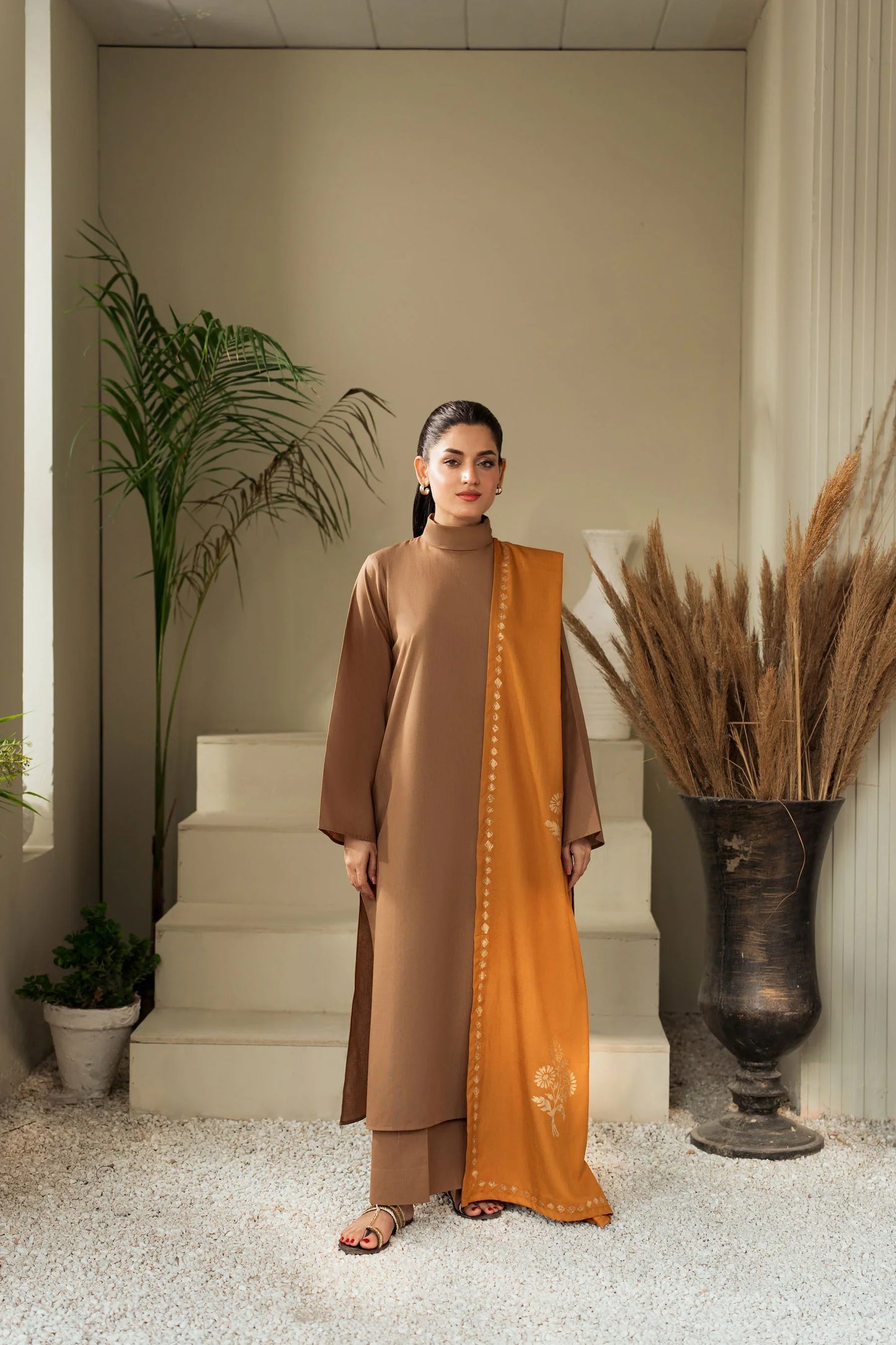 Mocha Glow Winter Kurta Set with Mustard Embroidered Shawl