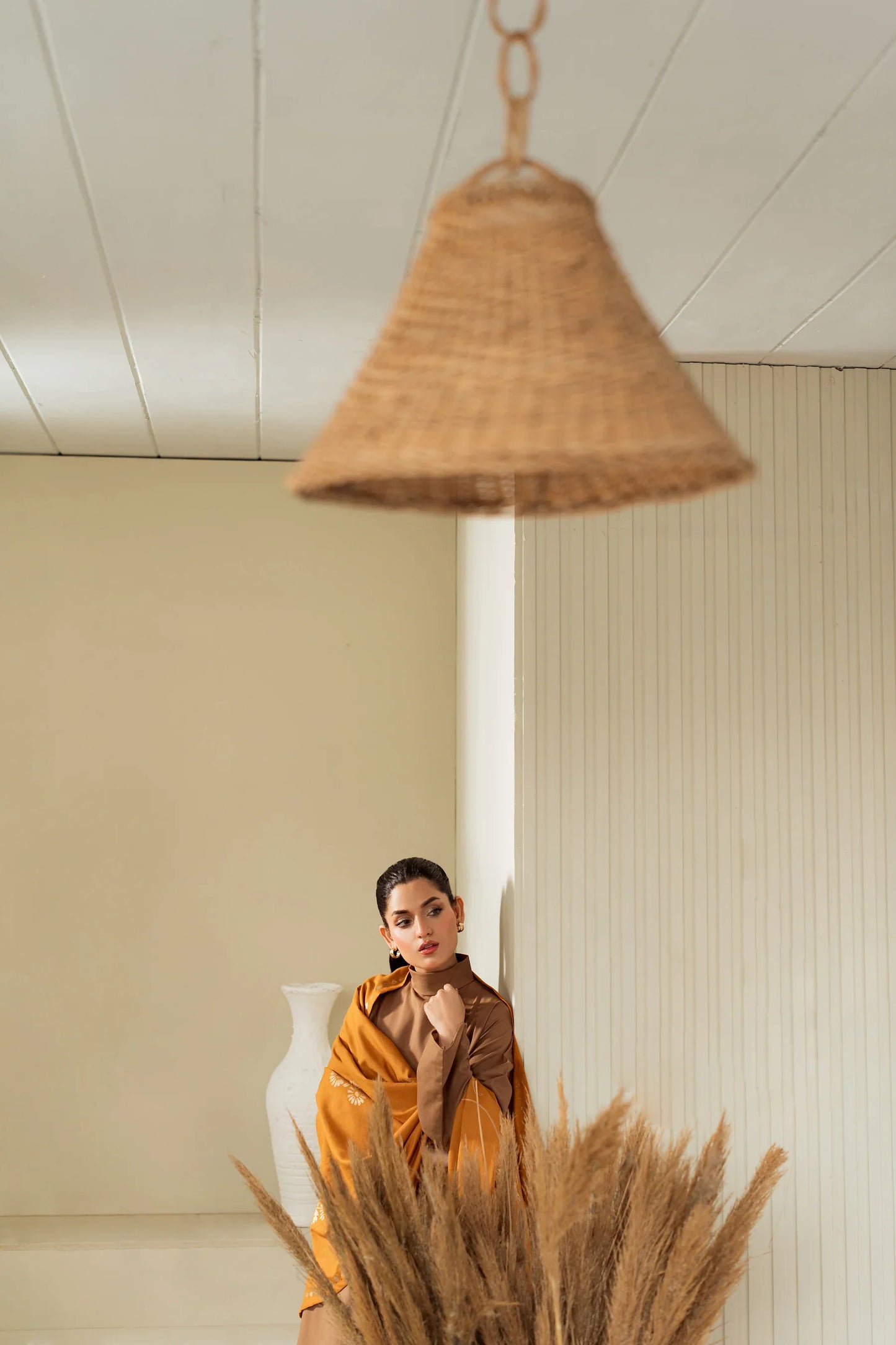 Mocha Glow Winter Kurta Set with Mustard Embroidered Shawl