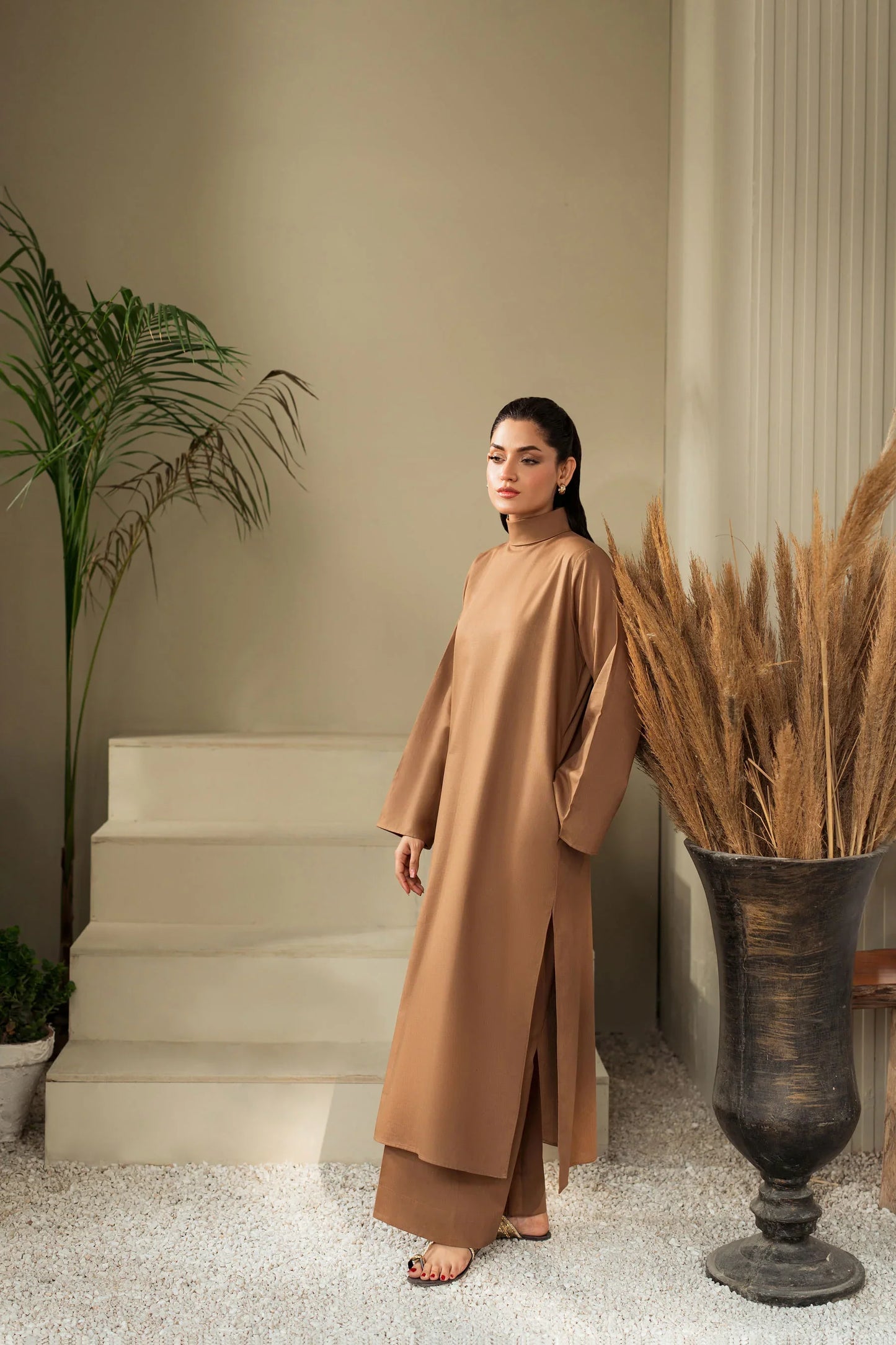 Mocha Glow Winter Kurta Set with Mustard Embroidered Shawl