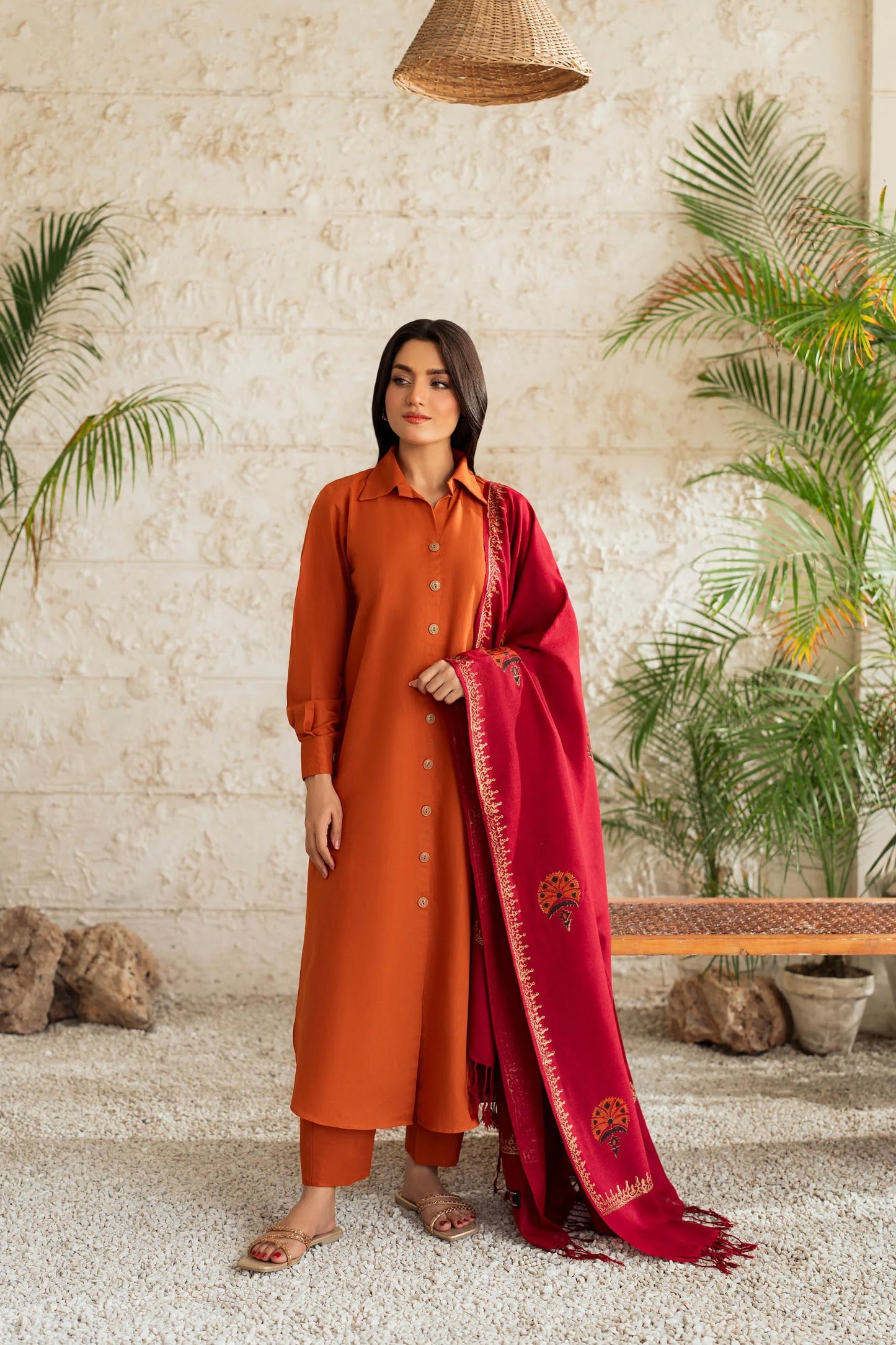 Amber Rust Button-Down Kurta Set with Maroon Embroidered Shawl