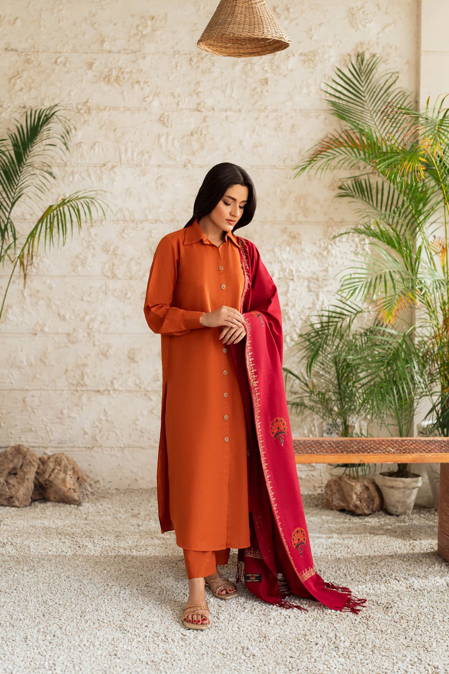 Amber Rust Button-Down Kurta Set with Maroon Embroidered Shawl