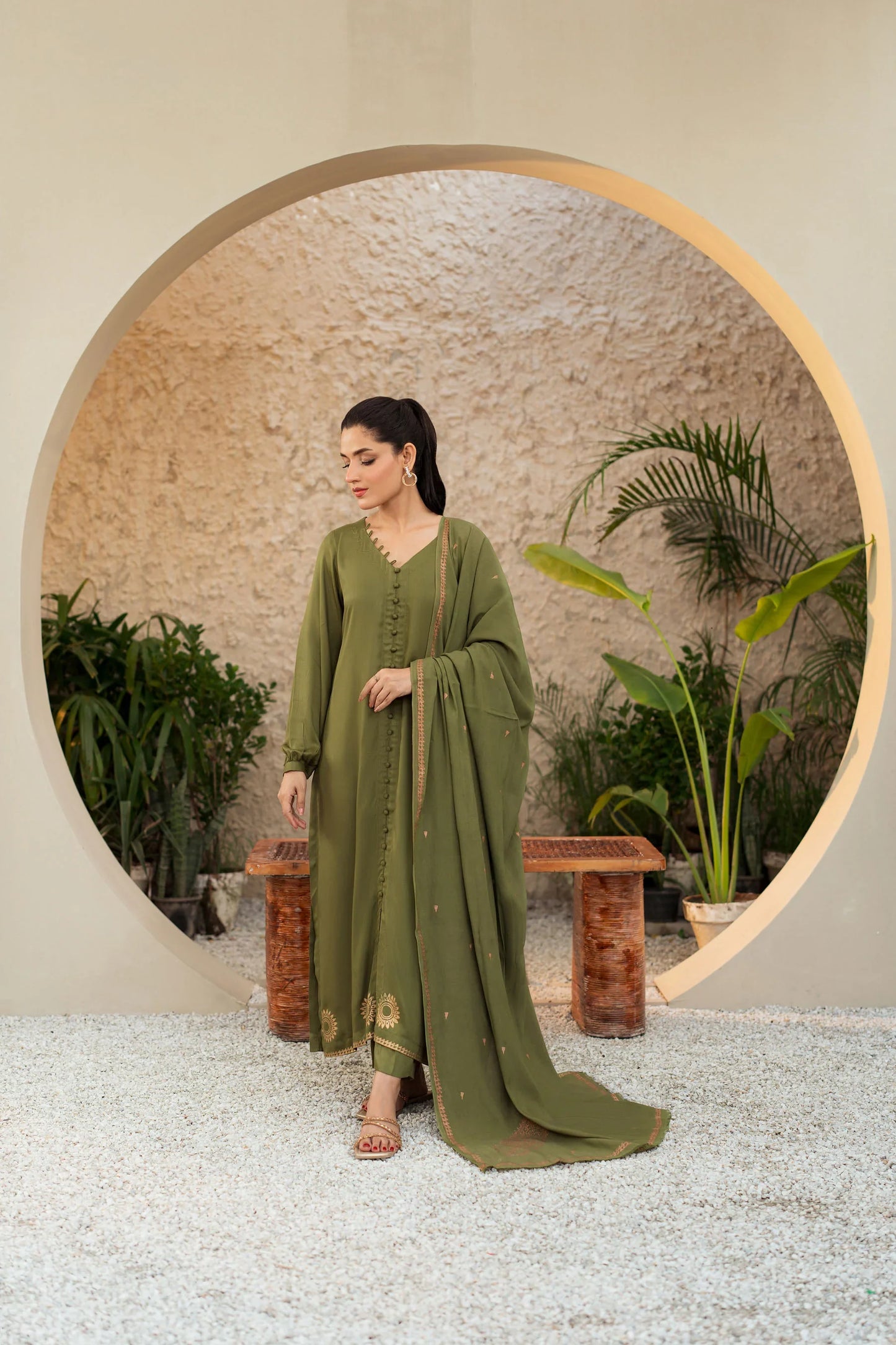Olive Grace Hand-Embroidered Kurta Set with Shawl