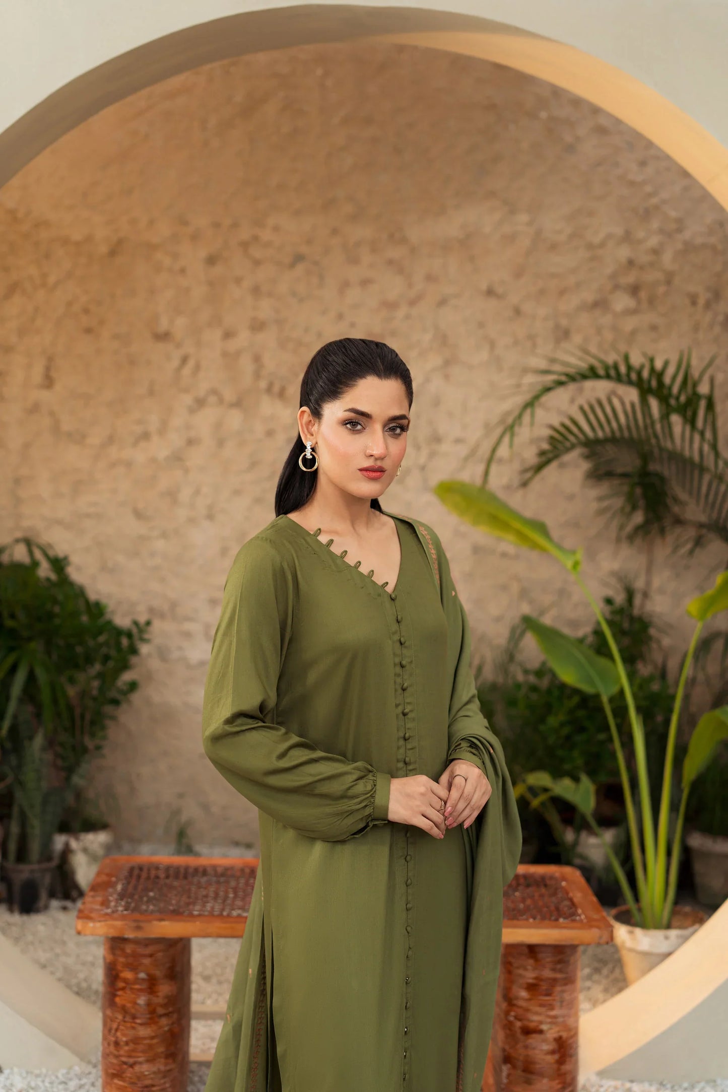 Olive Grace Hand-Embroidered Kurta Set with Shawl