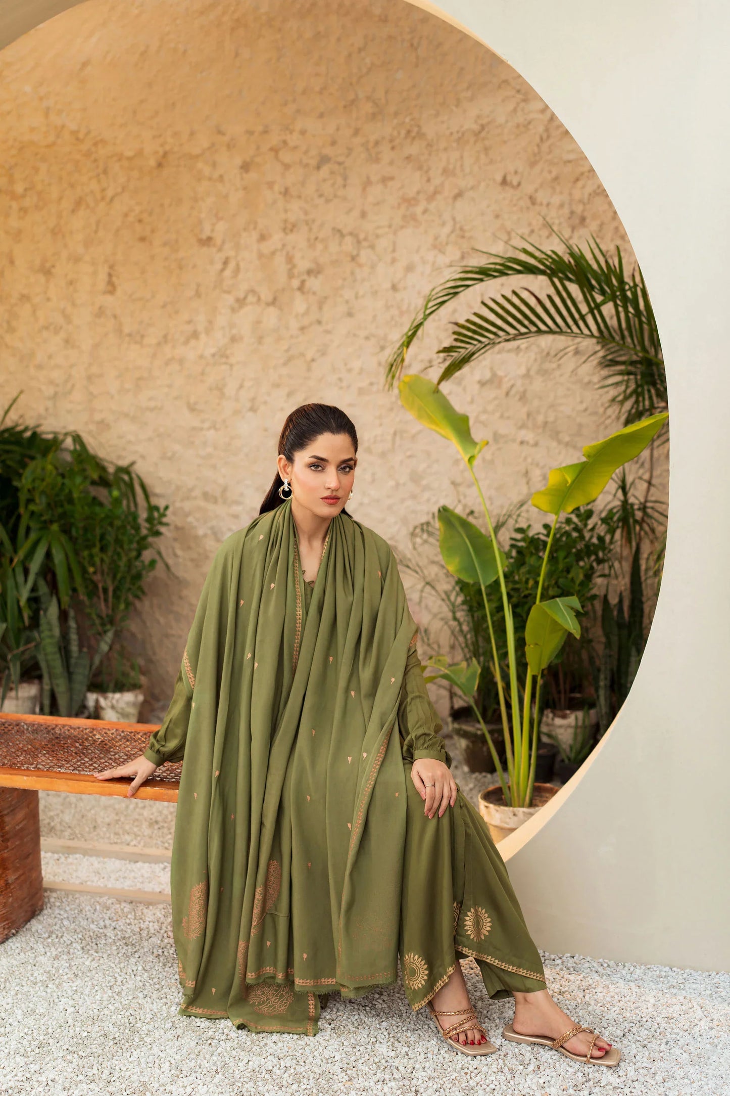 Olive Grace Hand-Embroidered Kurta Set with Shawl