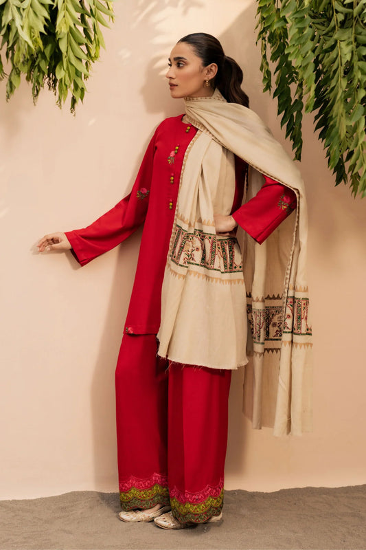 Crimson Ivory Embroidered Kurta Set with Shawl