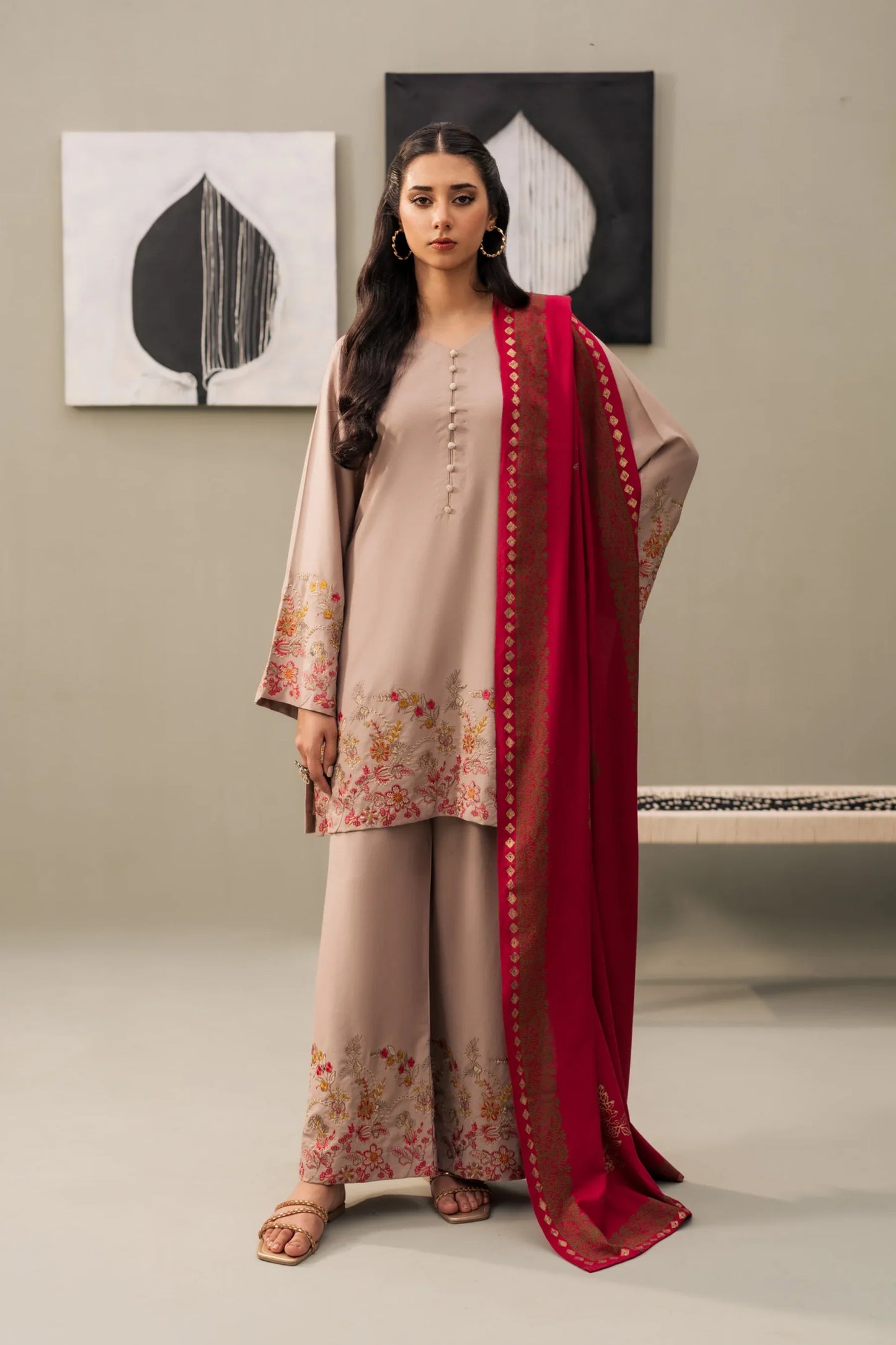 Taupe Rose Embroidered Kurta Set with Crimson Shawl