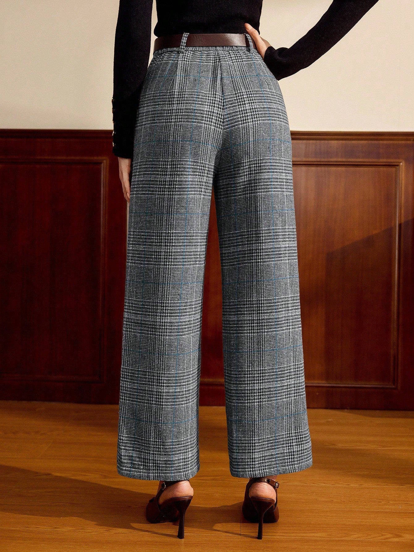 Vintage Blue Glen Plaid High-Waist Wide-Leg Trousers – Refined Winter Heritage Edition