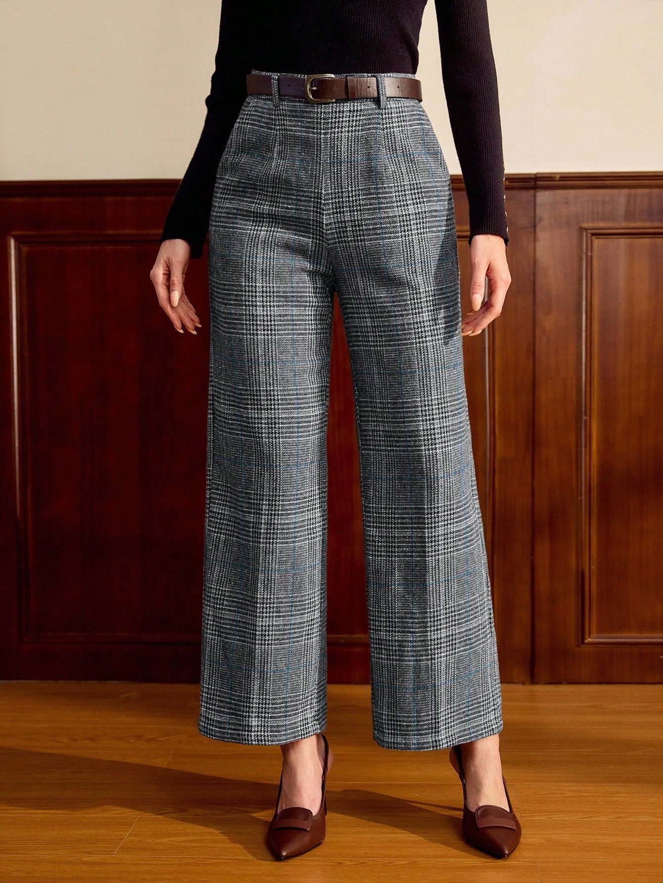 Vintage Blue Glen Plaid High-Waist Wide-Leg Trousers – Refined Winter Heritage Edition