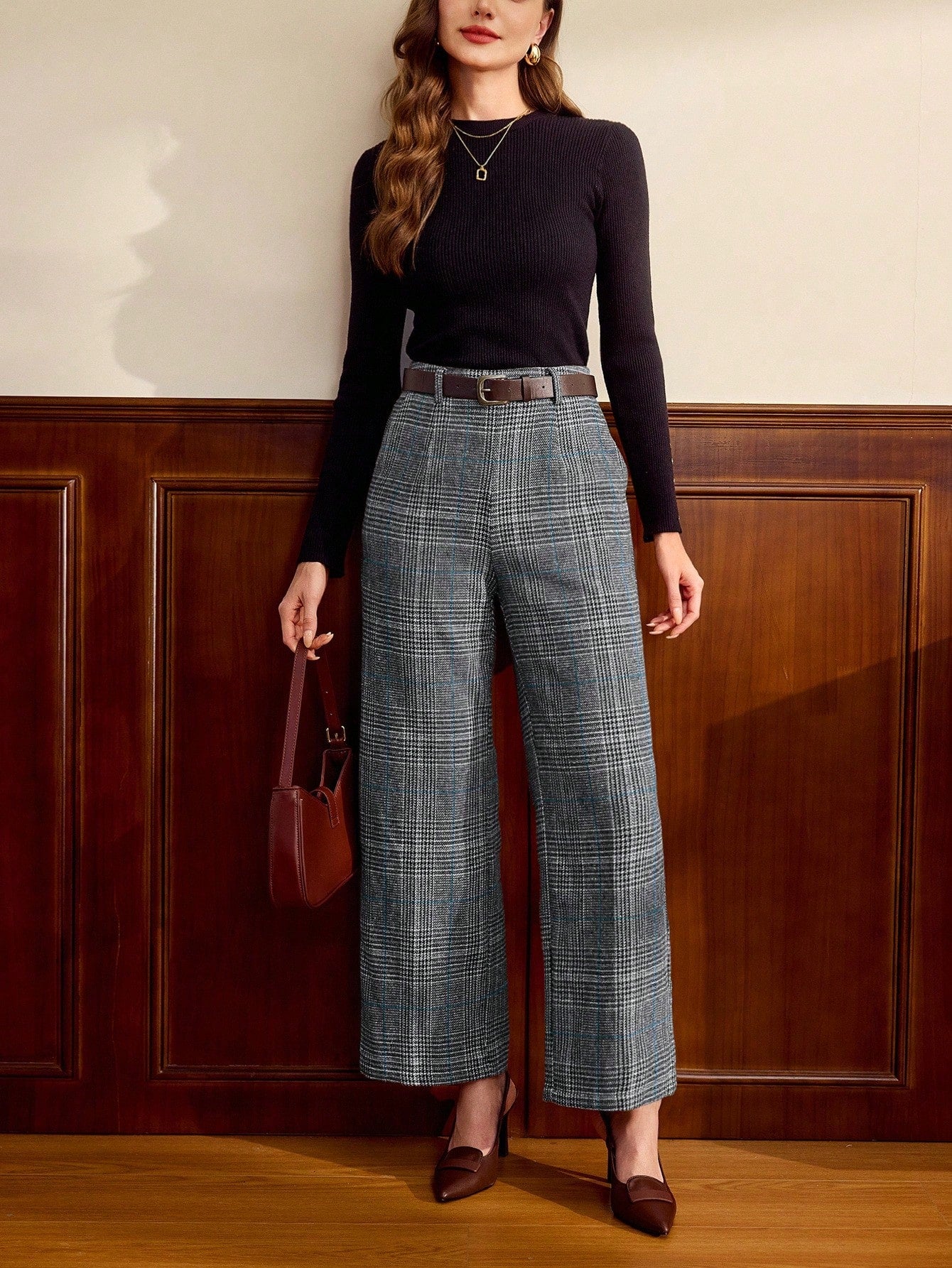 Vintage Blue Glen Plaid High-Waist Wide-Leg Trousers – Refined Winter Heritage Edition