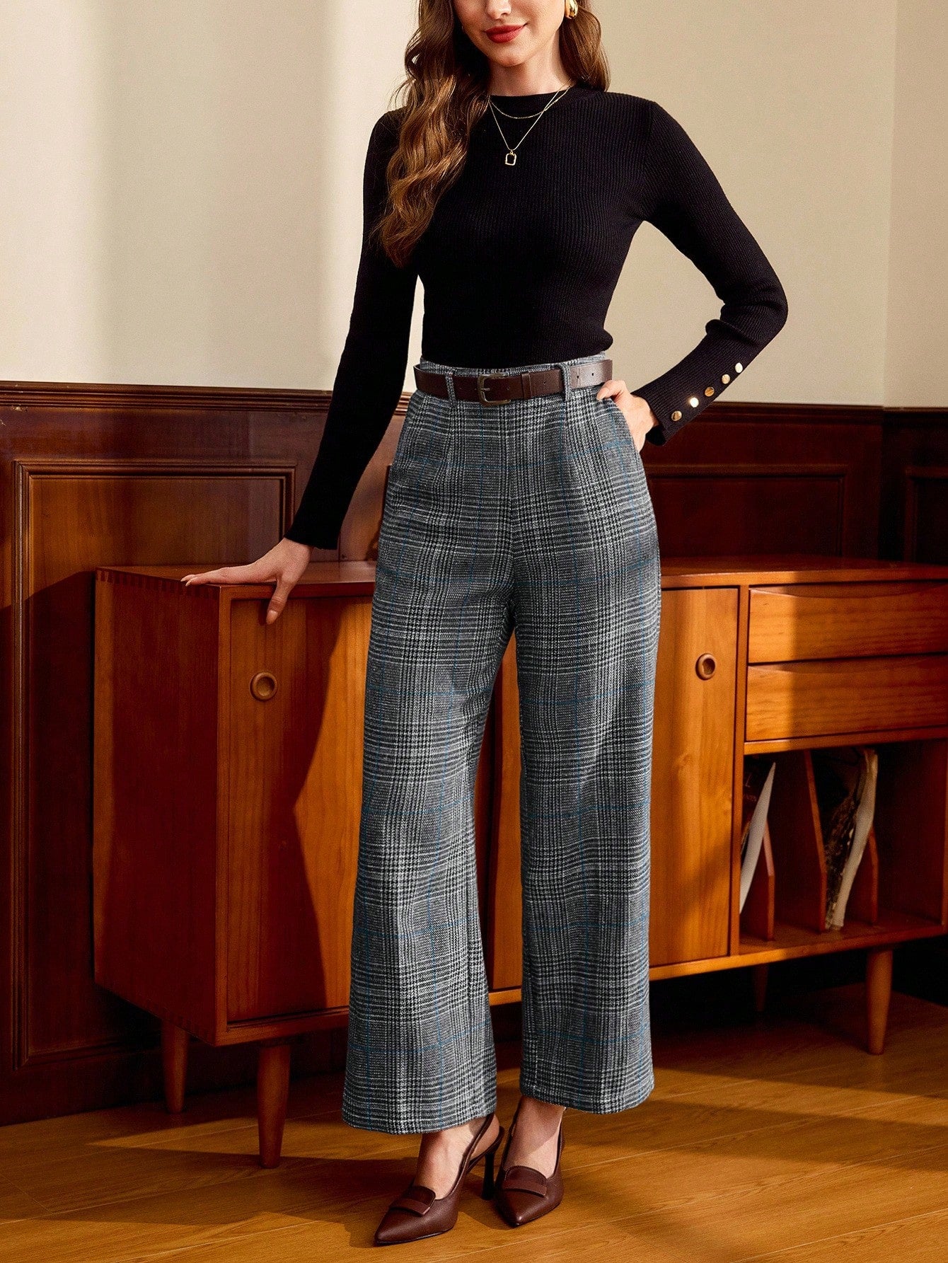 Vintage Blue Glen Plaid High-Waist Wide-Leg Trousers – Refined Winter Heritage Edition