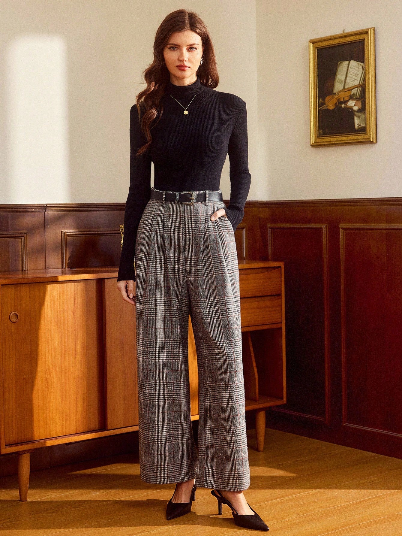 Vintage Grey Glen Check High-Waist Pleated Wide-Leg Trousers – Classic Old Money Winter Edit