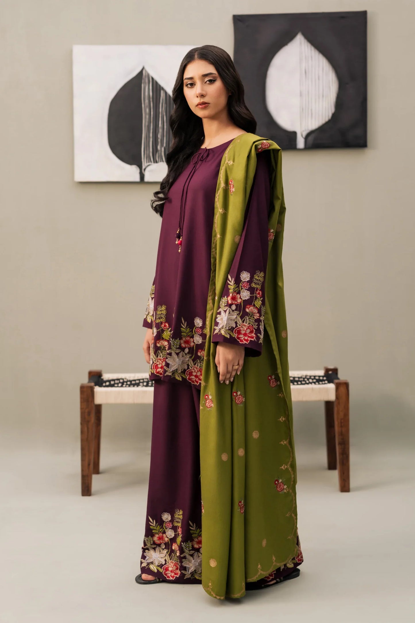 Plum Blossom Embroidered Kurta Set with Olive Green Shawl
