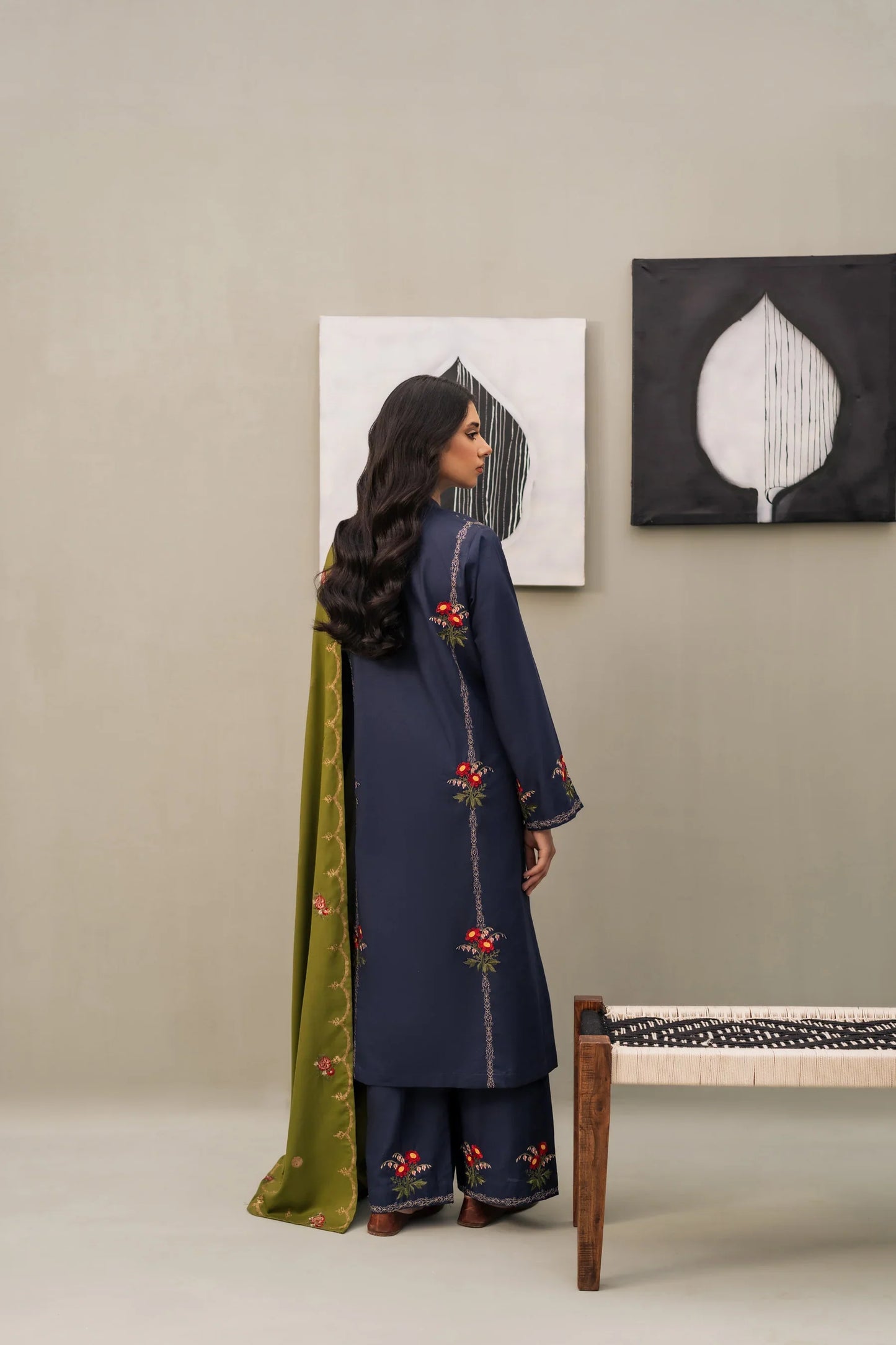 Midnight Olive Embroidered Kurta Set with Contrast Shawl