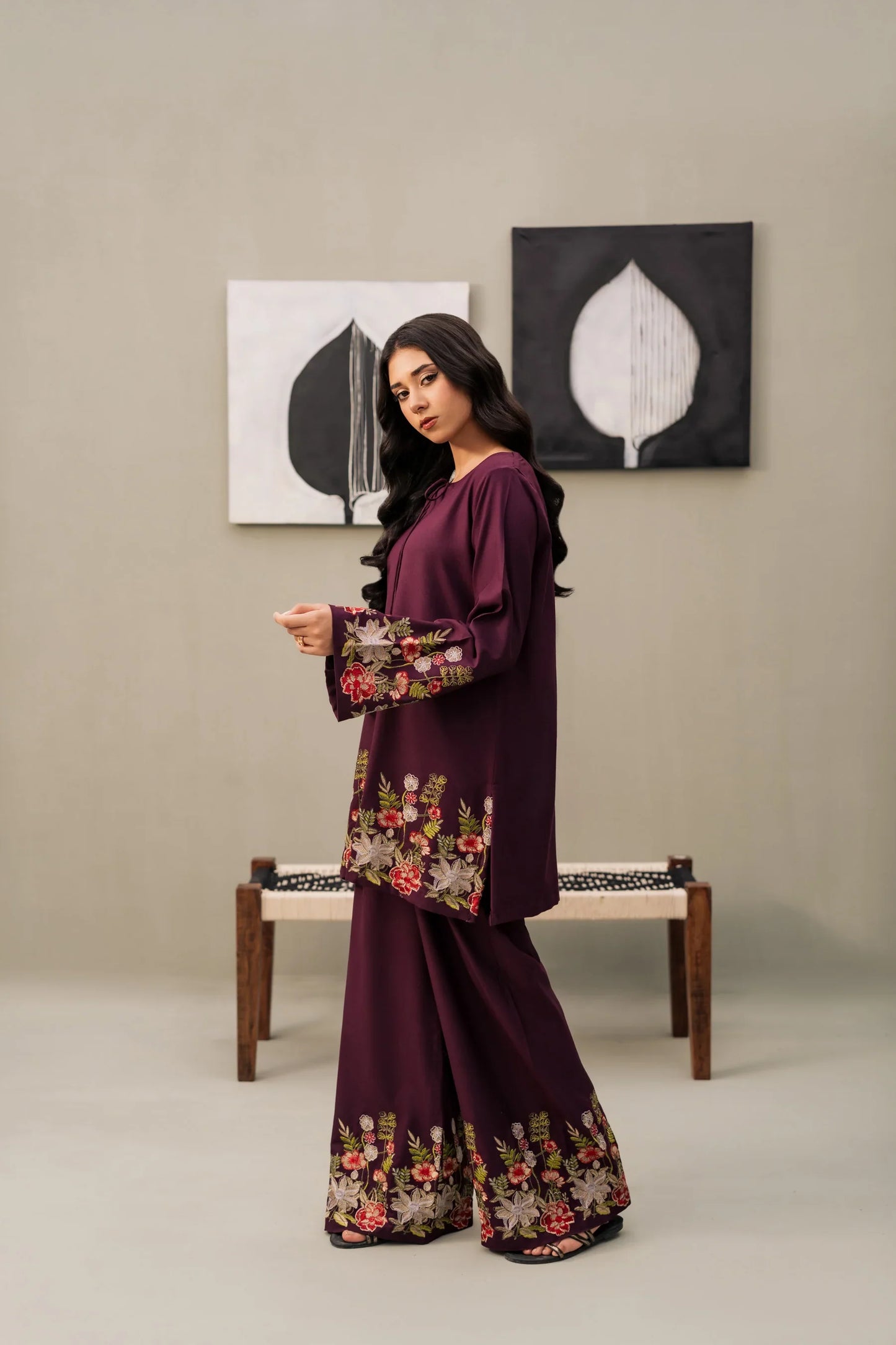 Plum Blossom Embroidered Kurta Set with Olive Green Shawl