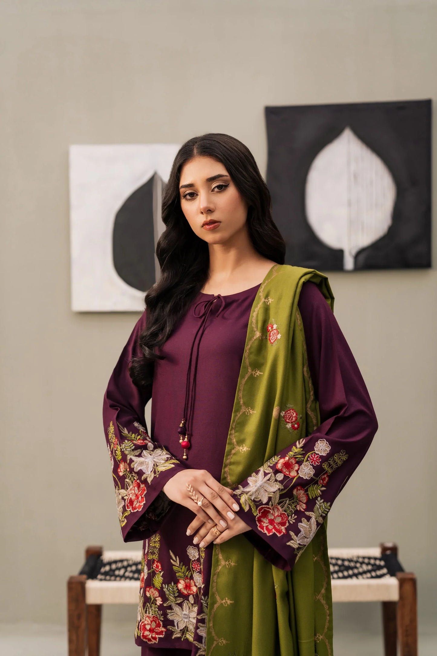 Plum Blossom Embroidered Kurta Set with Olive Green Shawl