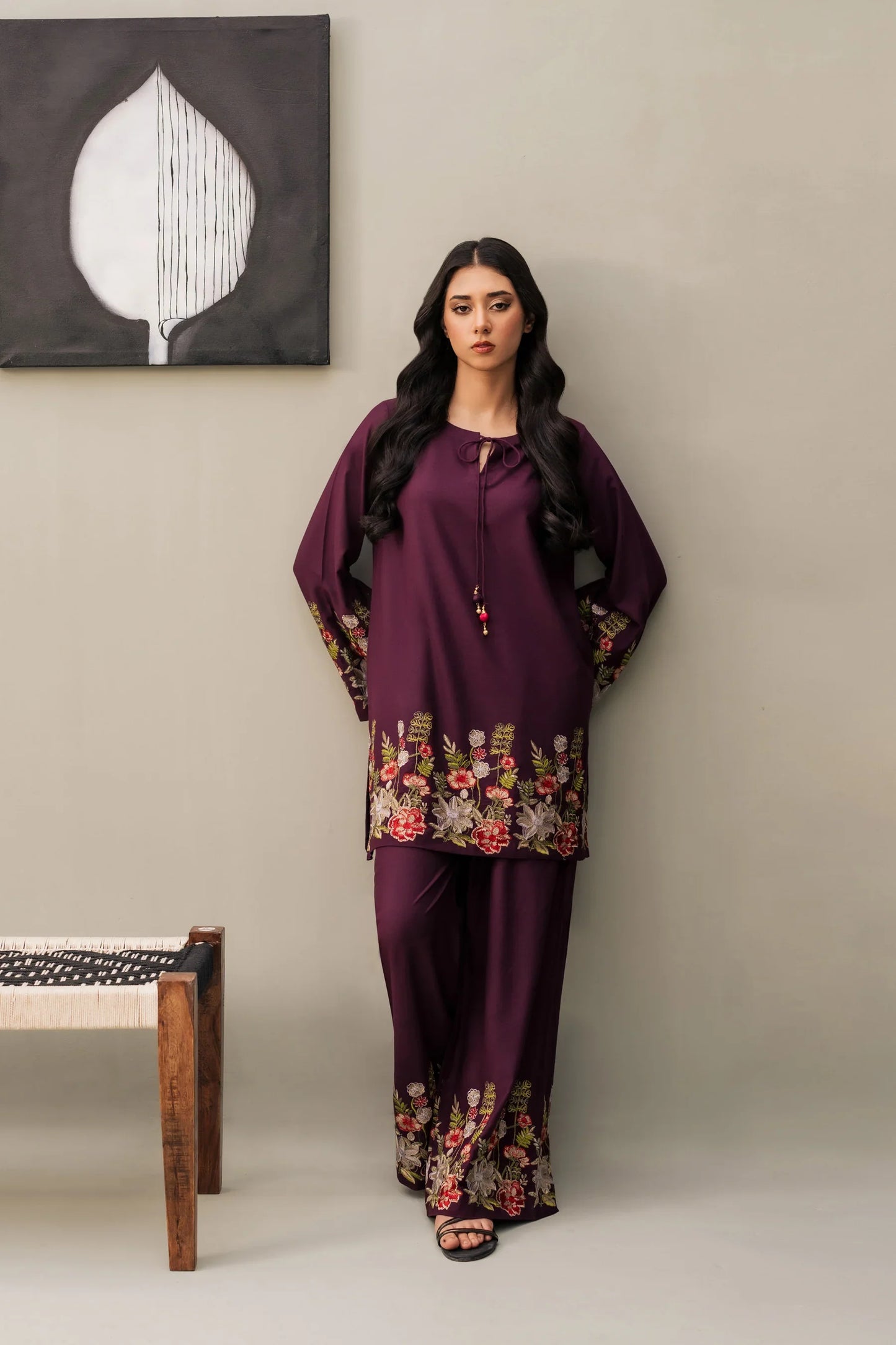 Plum Blossom Embroidered Kurta Set with Olive Green Shawl