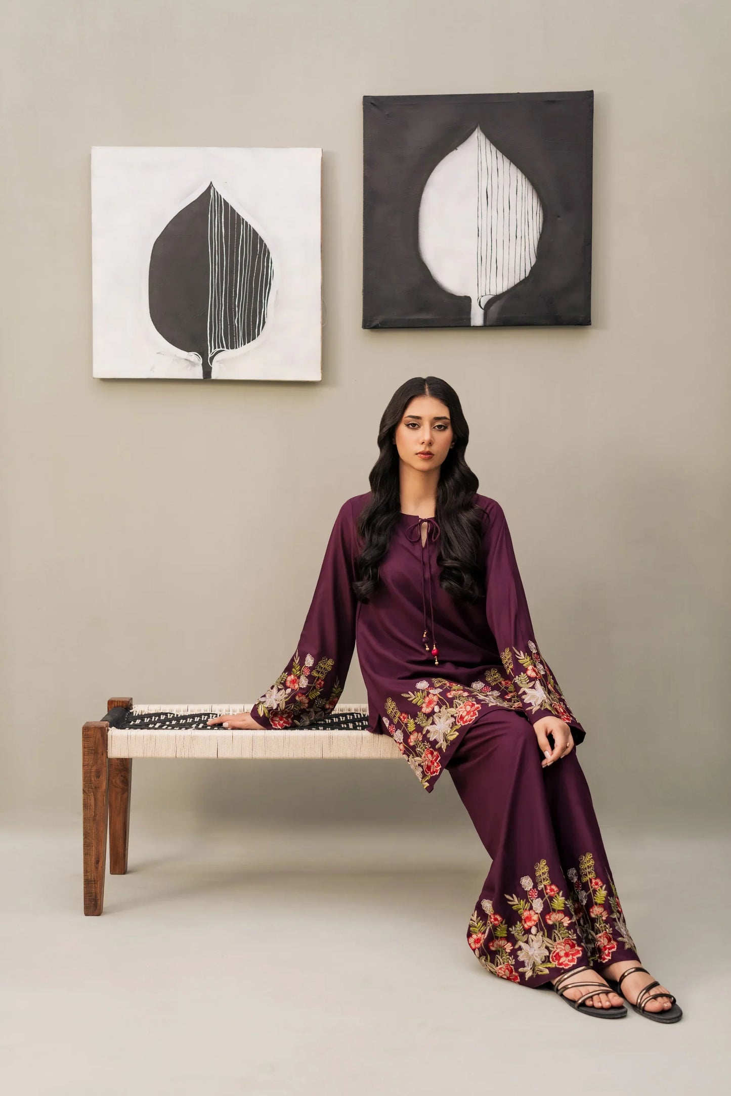 Plum Blossom Embroidered Kurta Set with Olive Green Shawl