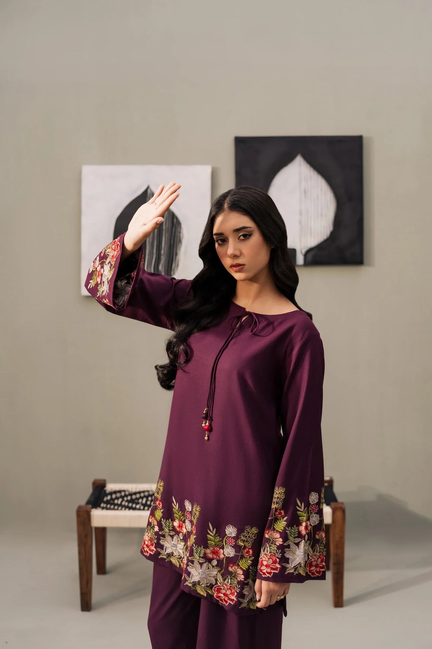 Plum Blossom Embroidered Kurta Set with Olive Green Shawl