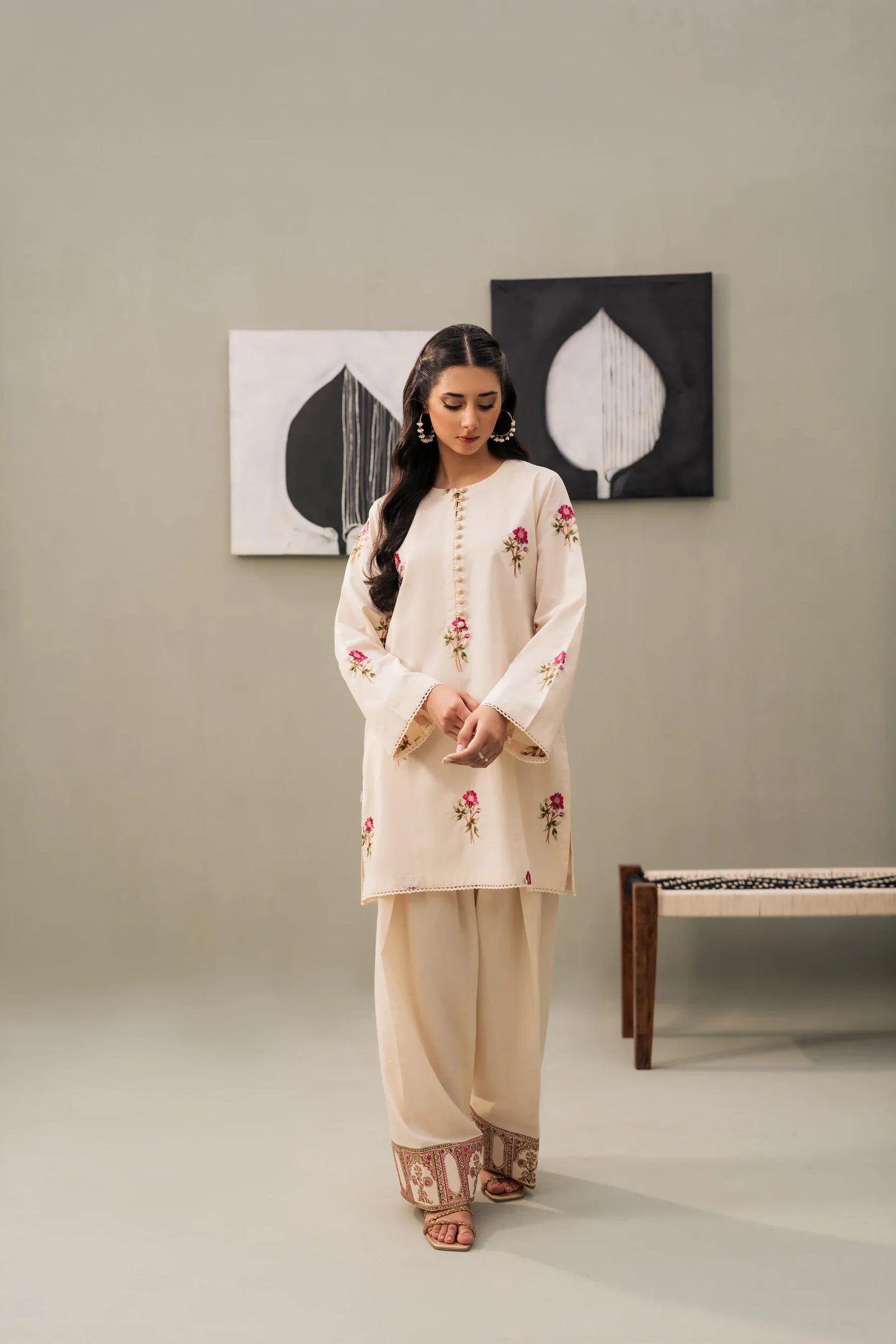 Ivory Rouge Floral Embroidered Kurta Set with Maroon Shawl
