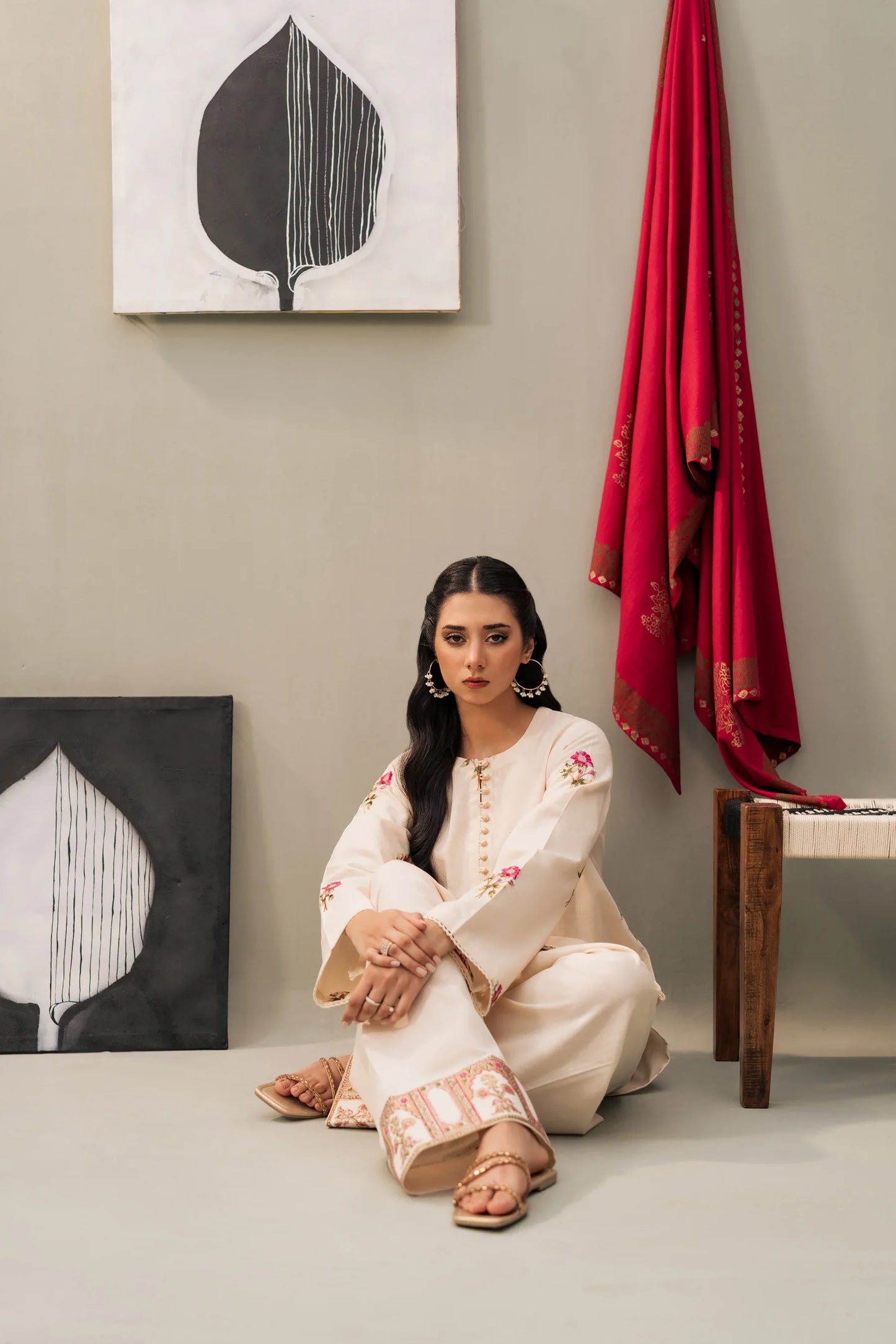 Ivory Rouge Floral Embroidered Kurta Set with Maroon Shawl