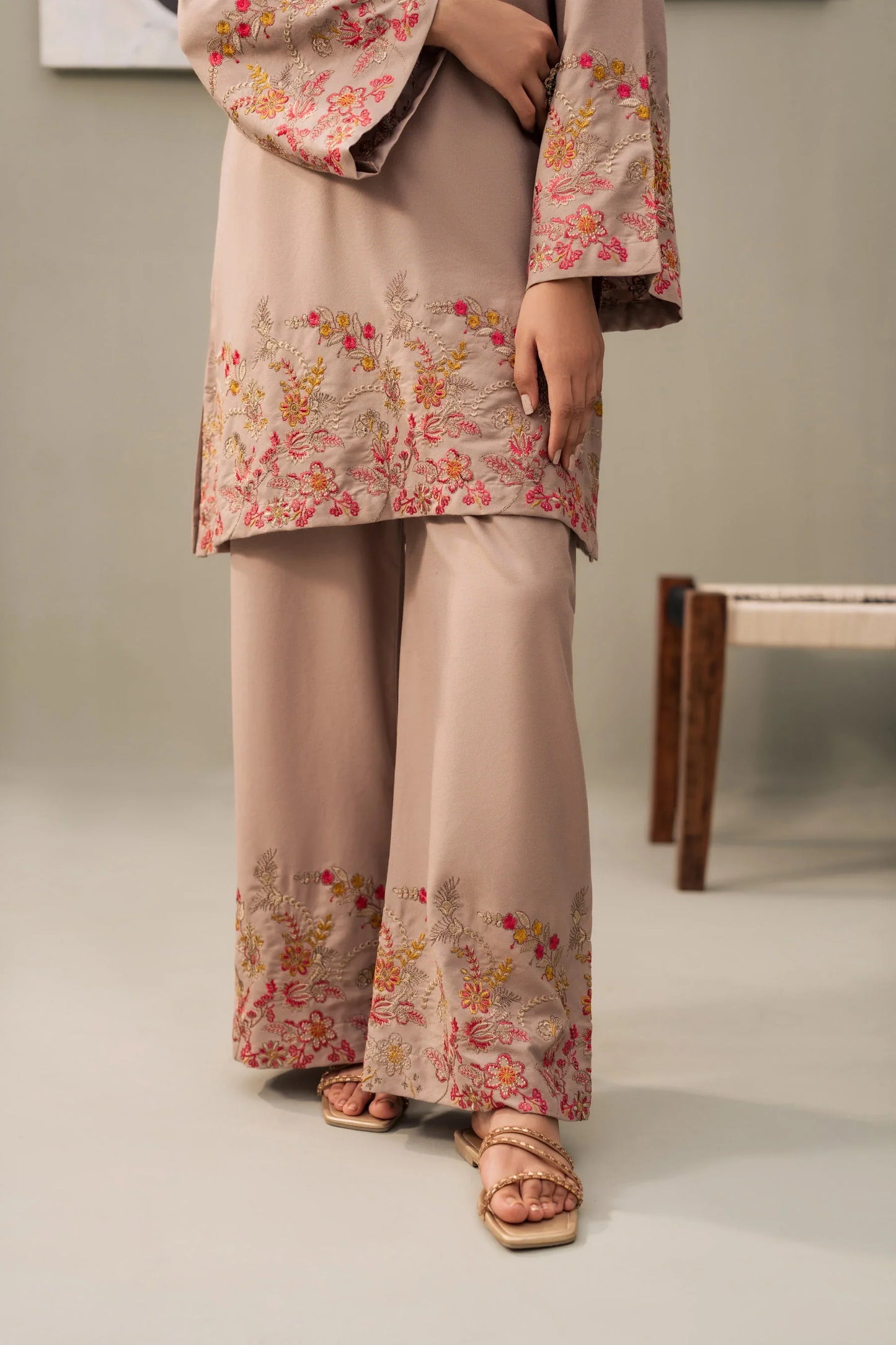 Taupe Rose Embroidered Kurta Set with Crimson Shawl