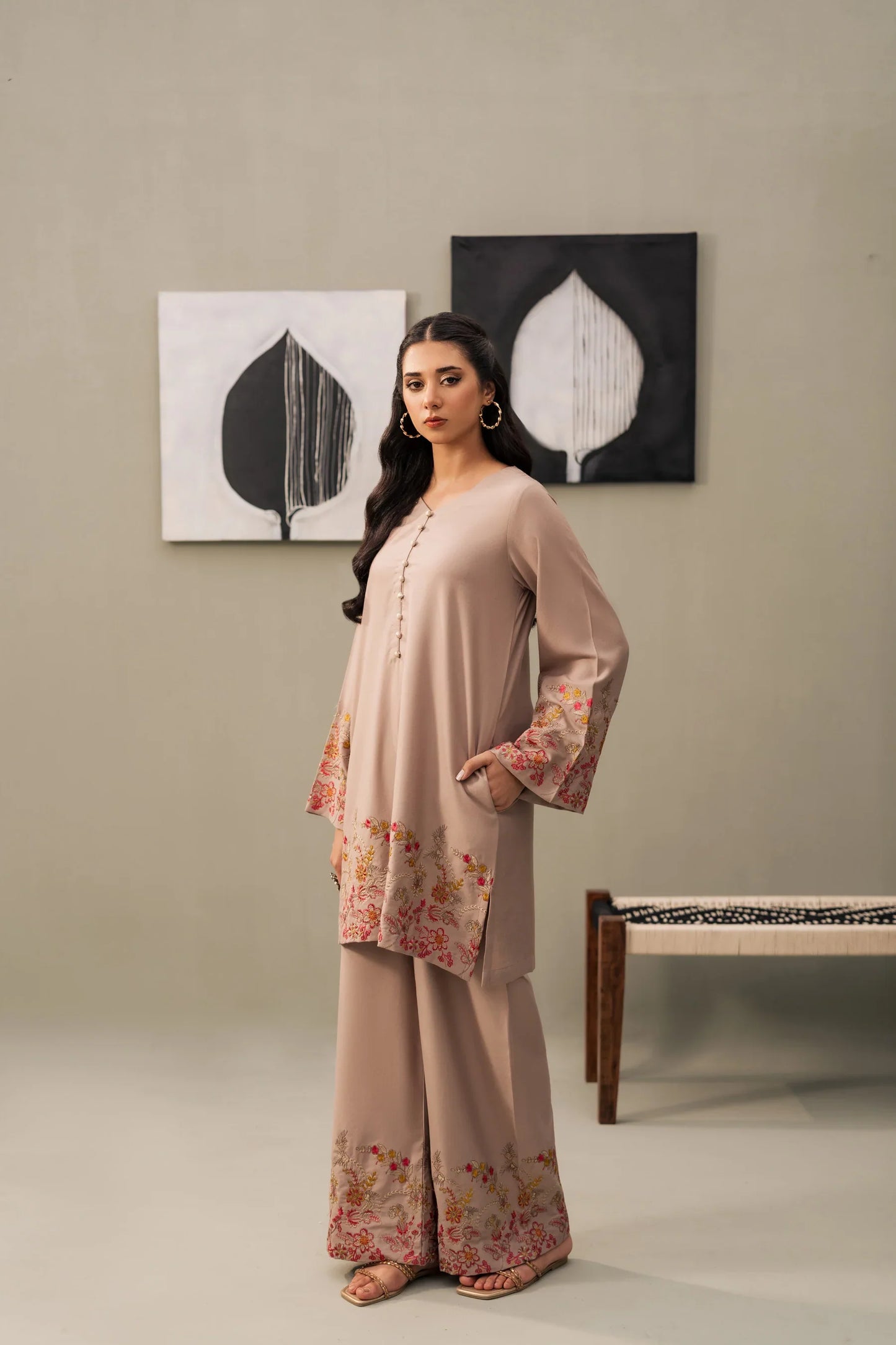 Taupe Rose Embroidered Kurta Set with Crimson Shawl