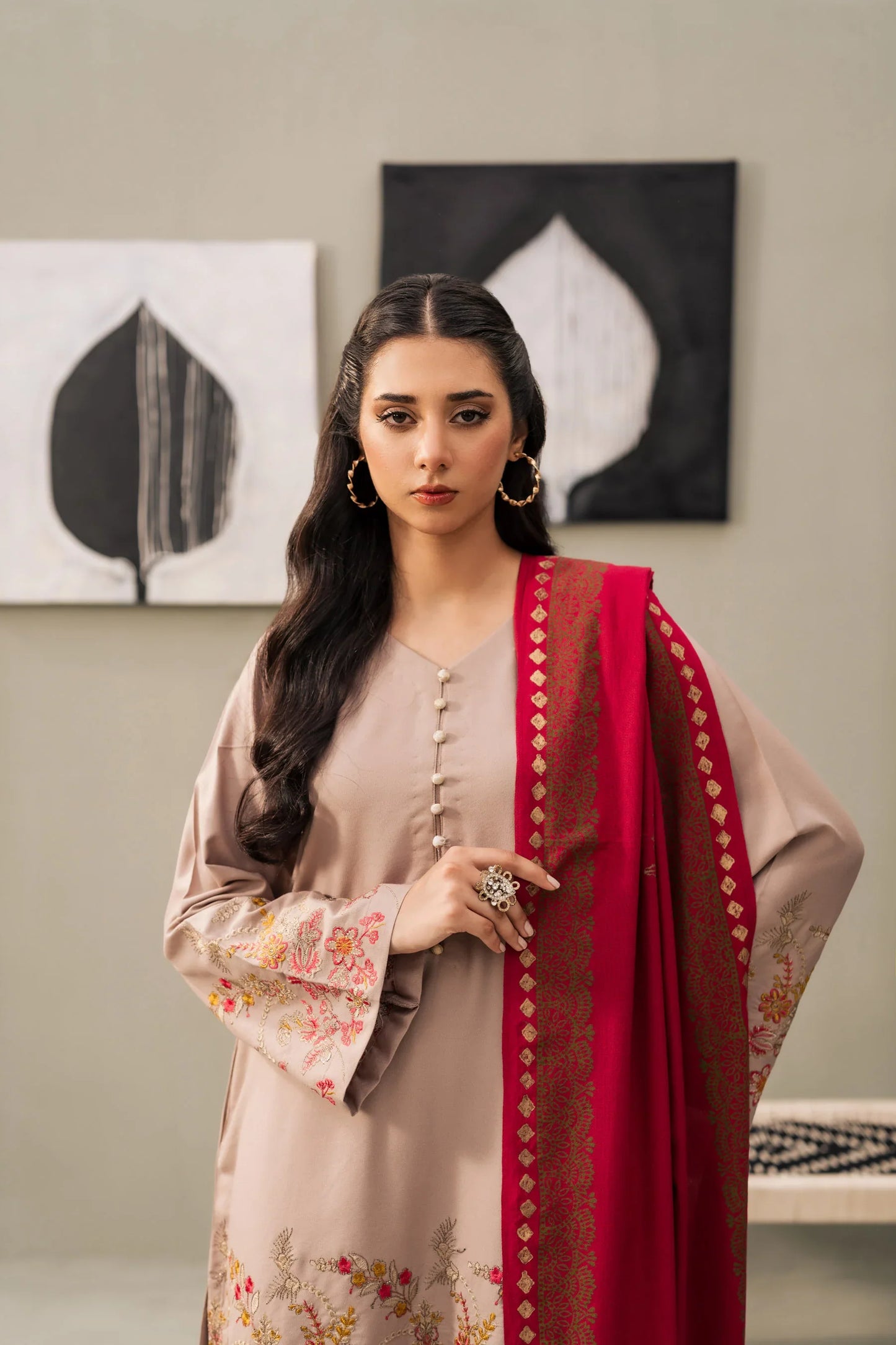 Taupe Rose Embroidered Kurta Set with Crimson Shawl