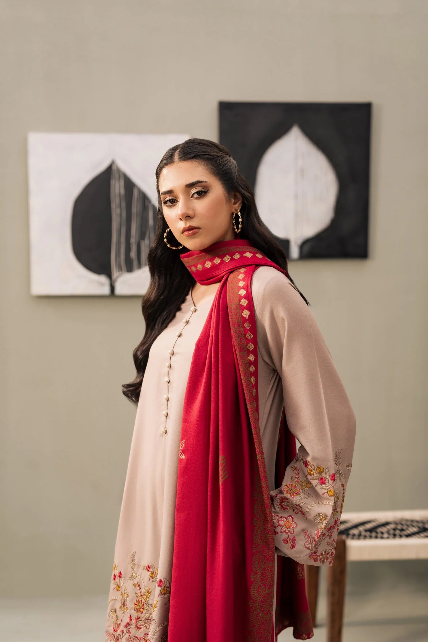 Taupe Rose Embroidered Kurta Set with Crimson Shawl