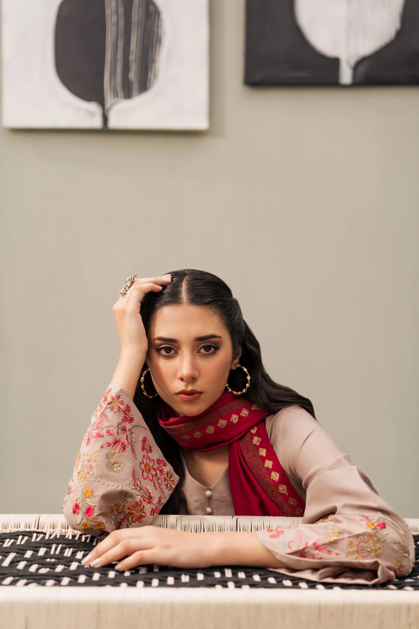 Taupe Rose Embroidered Kurta Set with Crimson Shawl