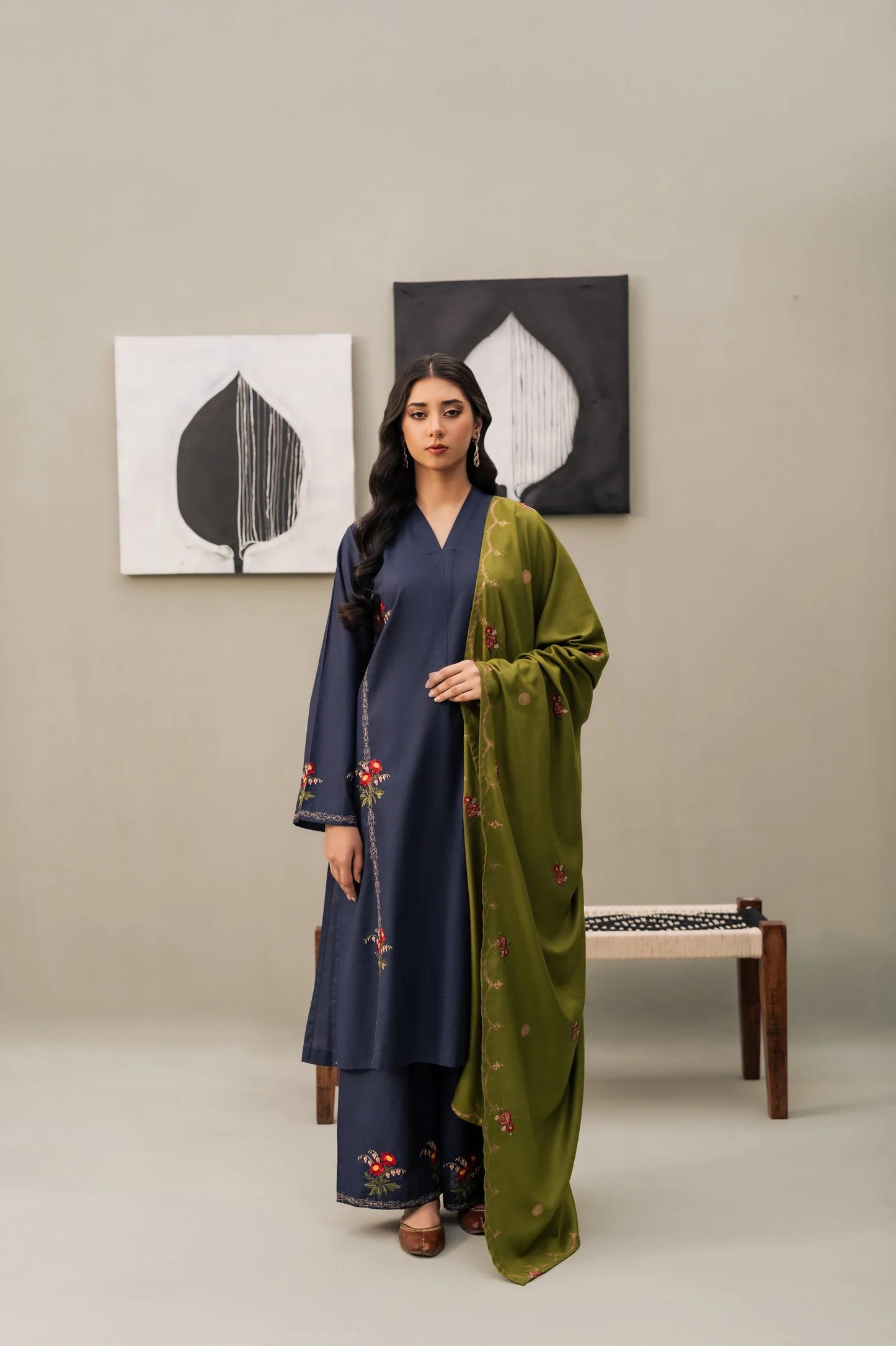 Midnight Olive Embroidered Kurta Set with Contrast Shawl
