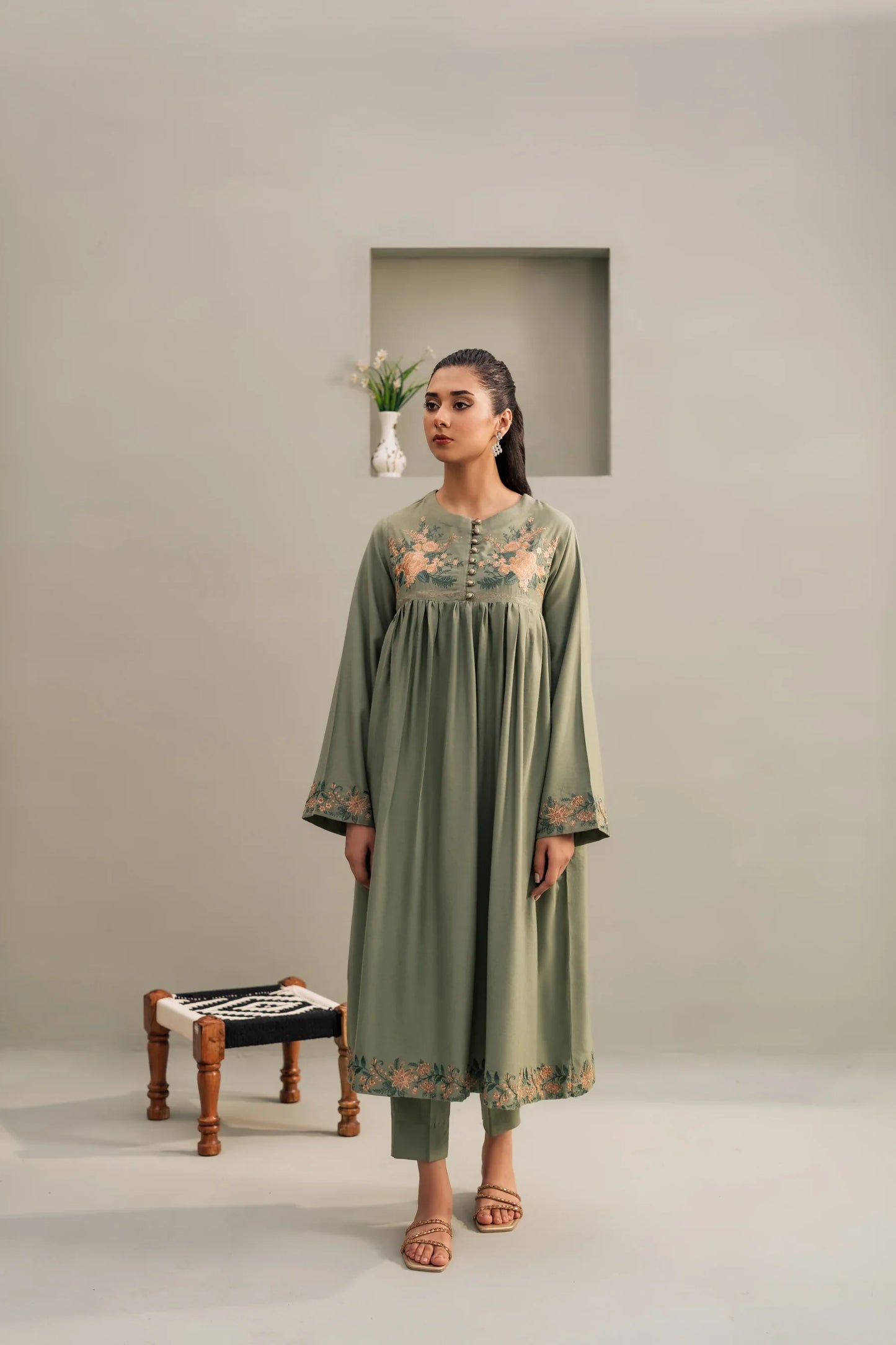 Sage Peach Embroidered A-Line Kurta Set with Shawl