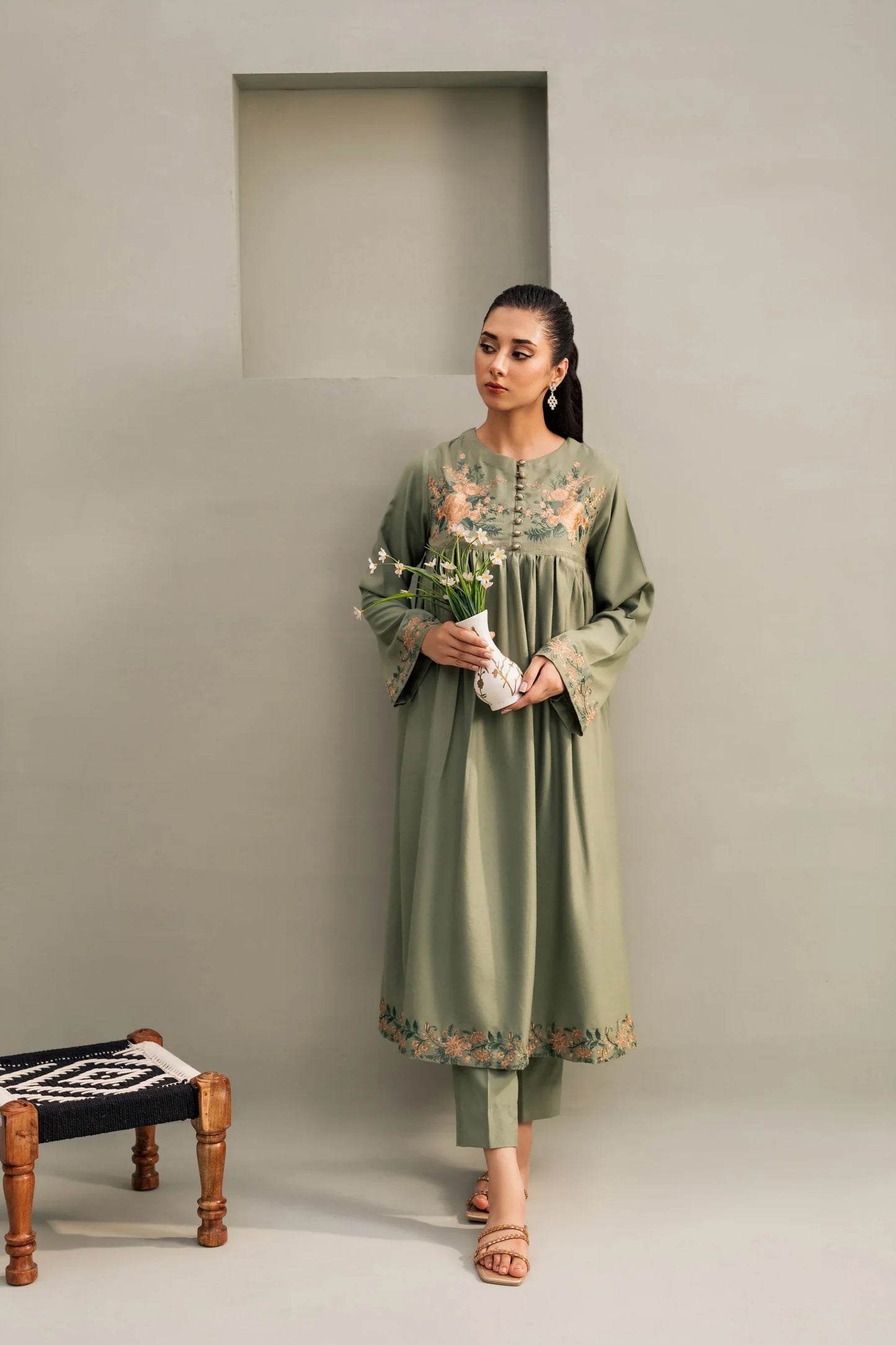Sage Peach Embroidered A-Line Kurta Set with Shawl
