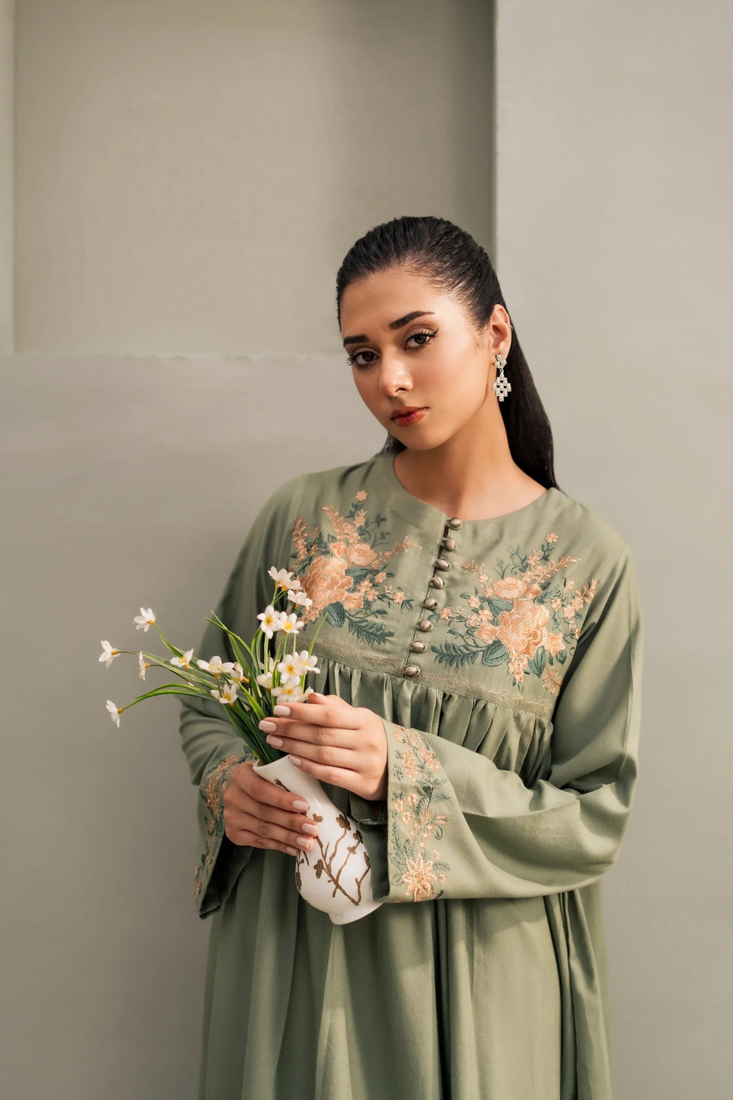 Sage Peach Embroidered A-Line Kurta Set with Shawl